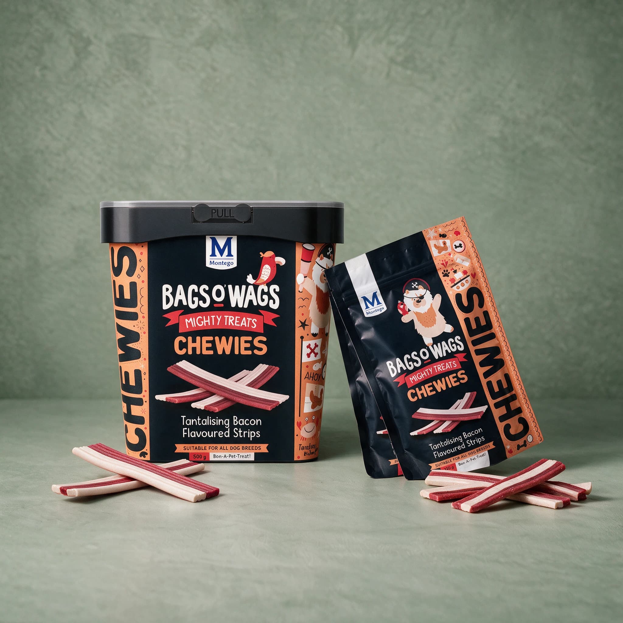 A black plastic 500 g tub of Bags O' Wags Mighty Treats Chewies Bacon Strips standing beside two black 120 g pouches of the same flavour, all three packs against a plain sage green studio background.