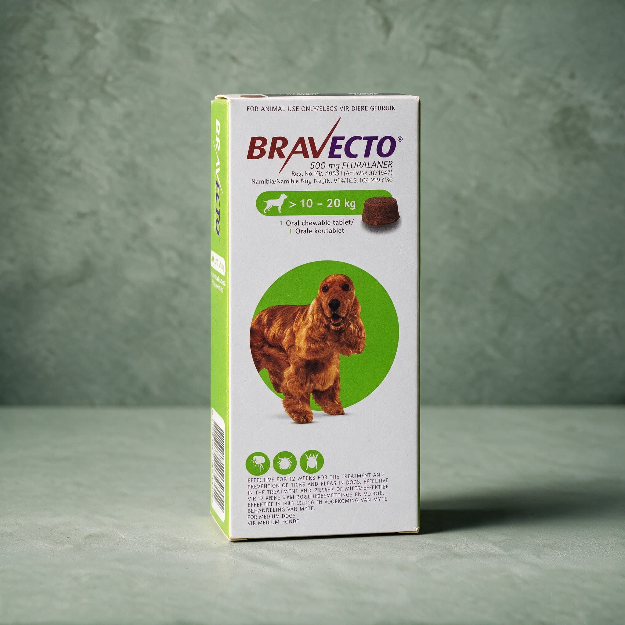 Green-accented Bravecto Chewable Tablets for Dogs box, 10-20kg pack (500mg fluralaner), with the Bravecto logo, a round brown chewable tablet illustration, and '12 weeks' duration text visible on the front panel.