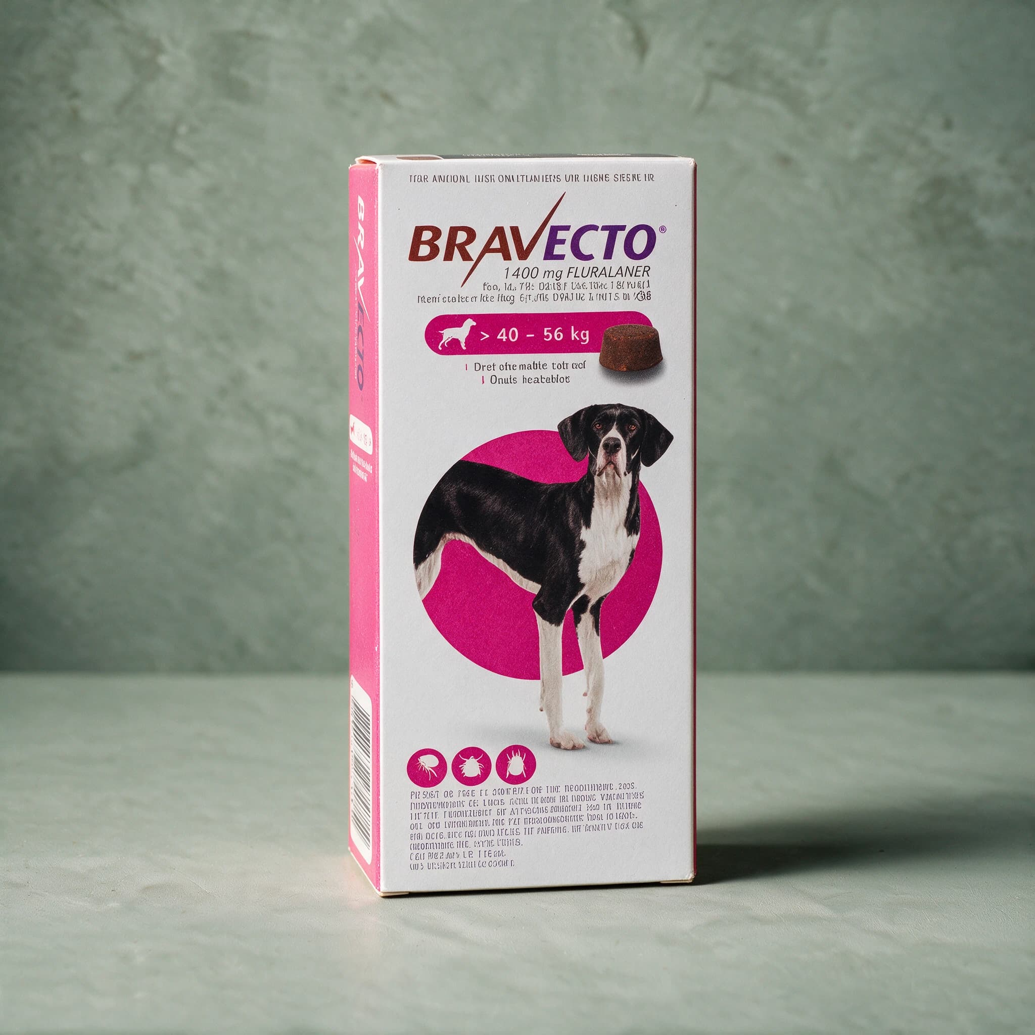 Pink/magenta-accented Bravecto Chewable Tablets for Dogs box, 40-56kg pack (1400mg fluralaner), with the Bravecto logo and a round brown chewable tablet illustration on the front panel.