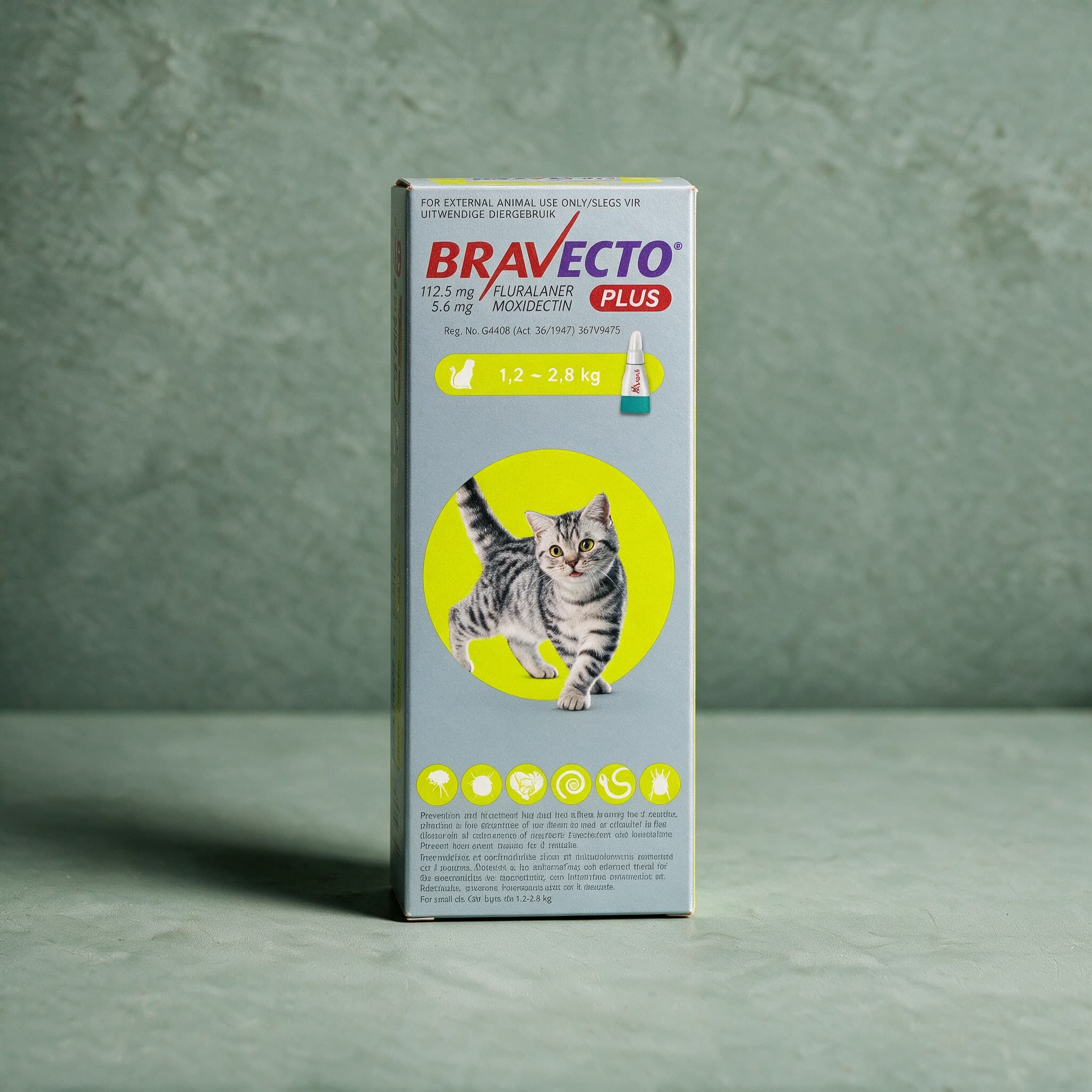 Grey/silver Bravecto Plus for Cats box, yellow-green band, 1.2-2.8kg pack (112.5mg fluralaner + 5.6mg moxidectin), with the Bravecto logo, SA registration number G4408 Act 36/1947, and a flea/tick/heart/roundworm-hookworm icon row on the front panel.