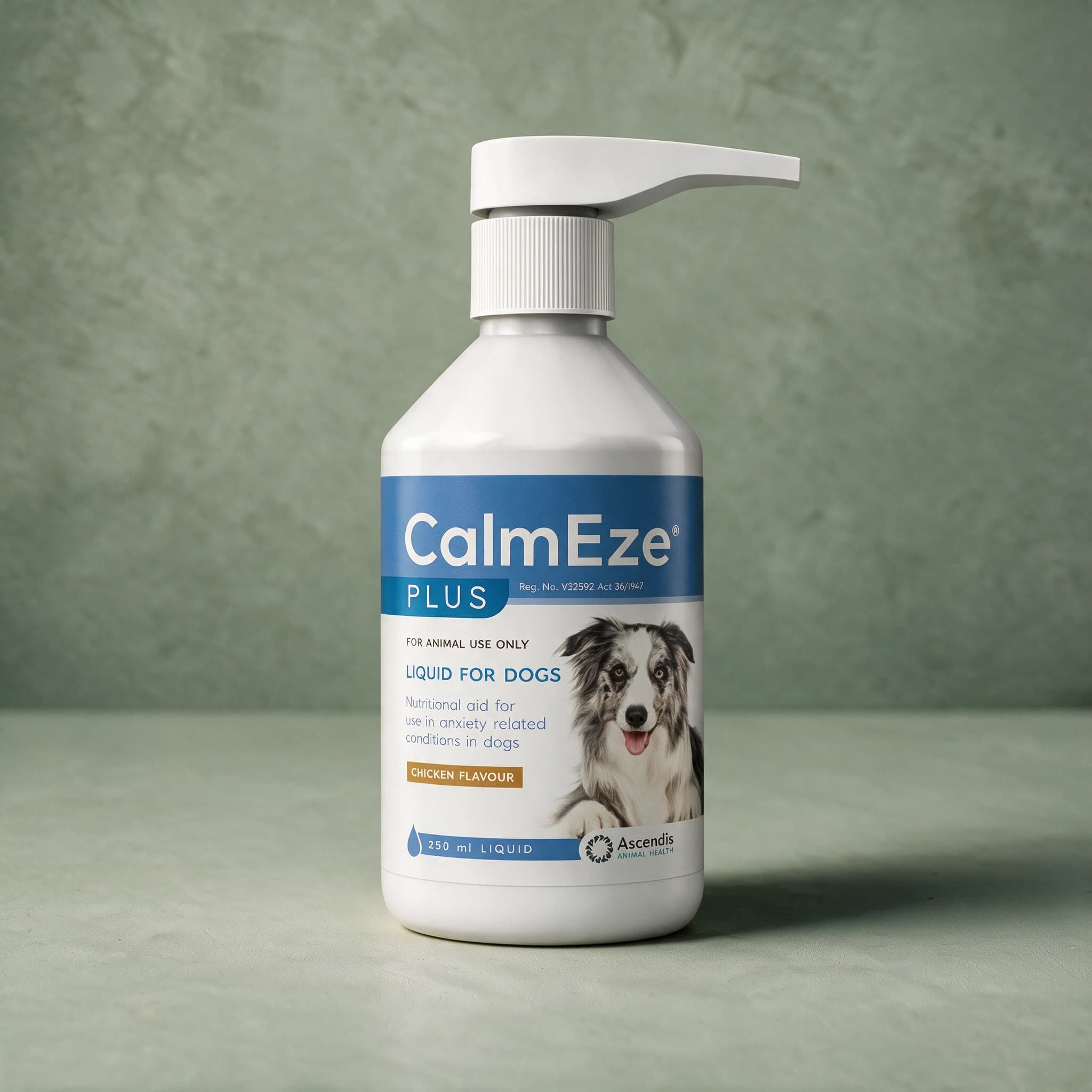 Blue and white 250ml pump-bottle of CalmEze Plus Calming Liquid for Dogs, chicken flavour, with a calm dog illustration on the label.