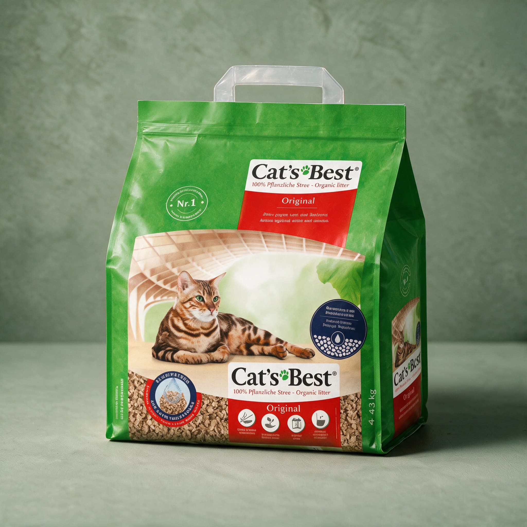 Green bag of Cat's Best Original Clumping Cat Litter, with the Cat's Best logo and a cat illustration on the front panel.