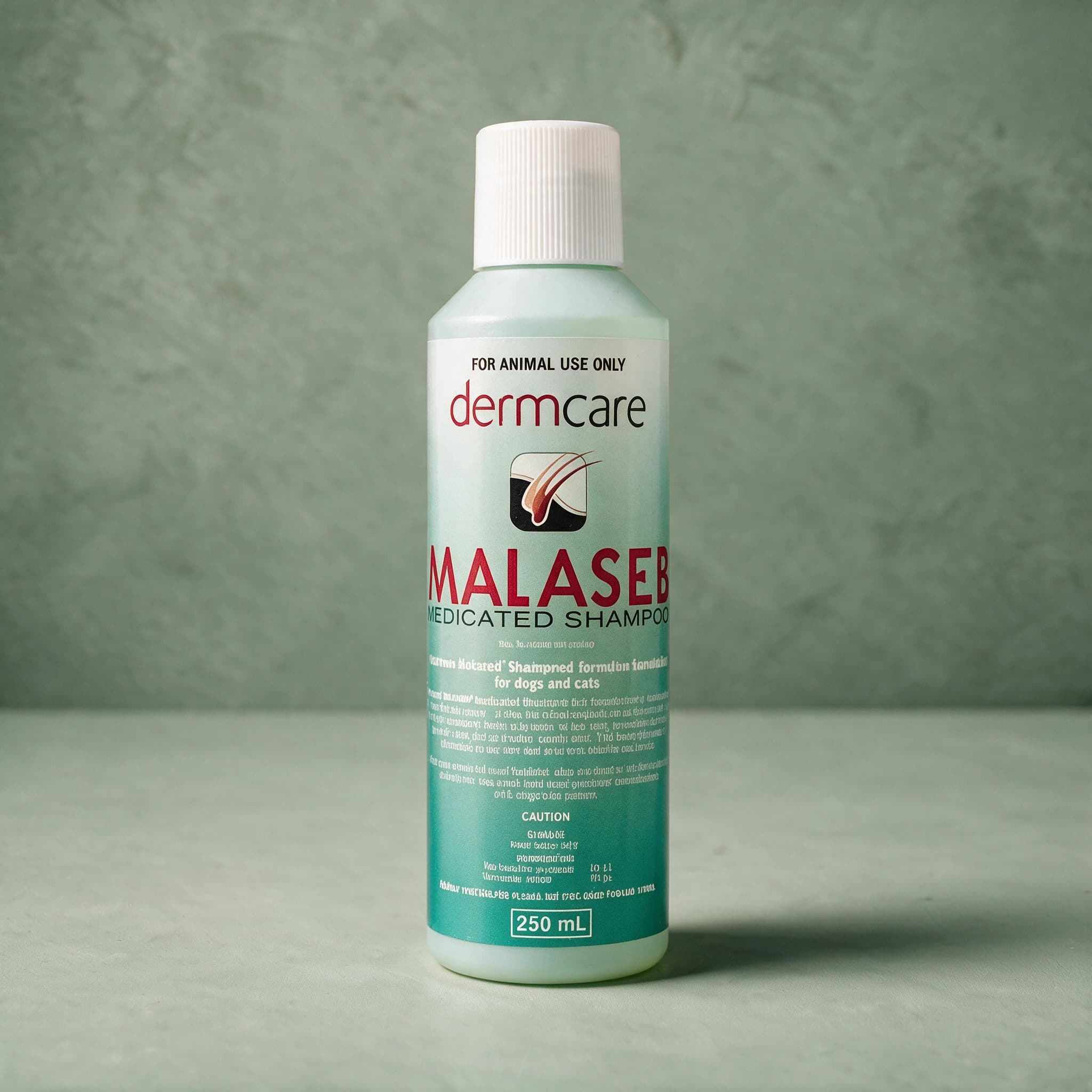 Blue 250ml bottle of Dermcare Malaseb Medicated Shampoo, with the Dermcare logo on the label.