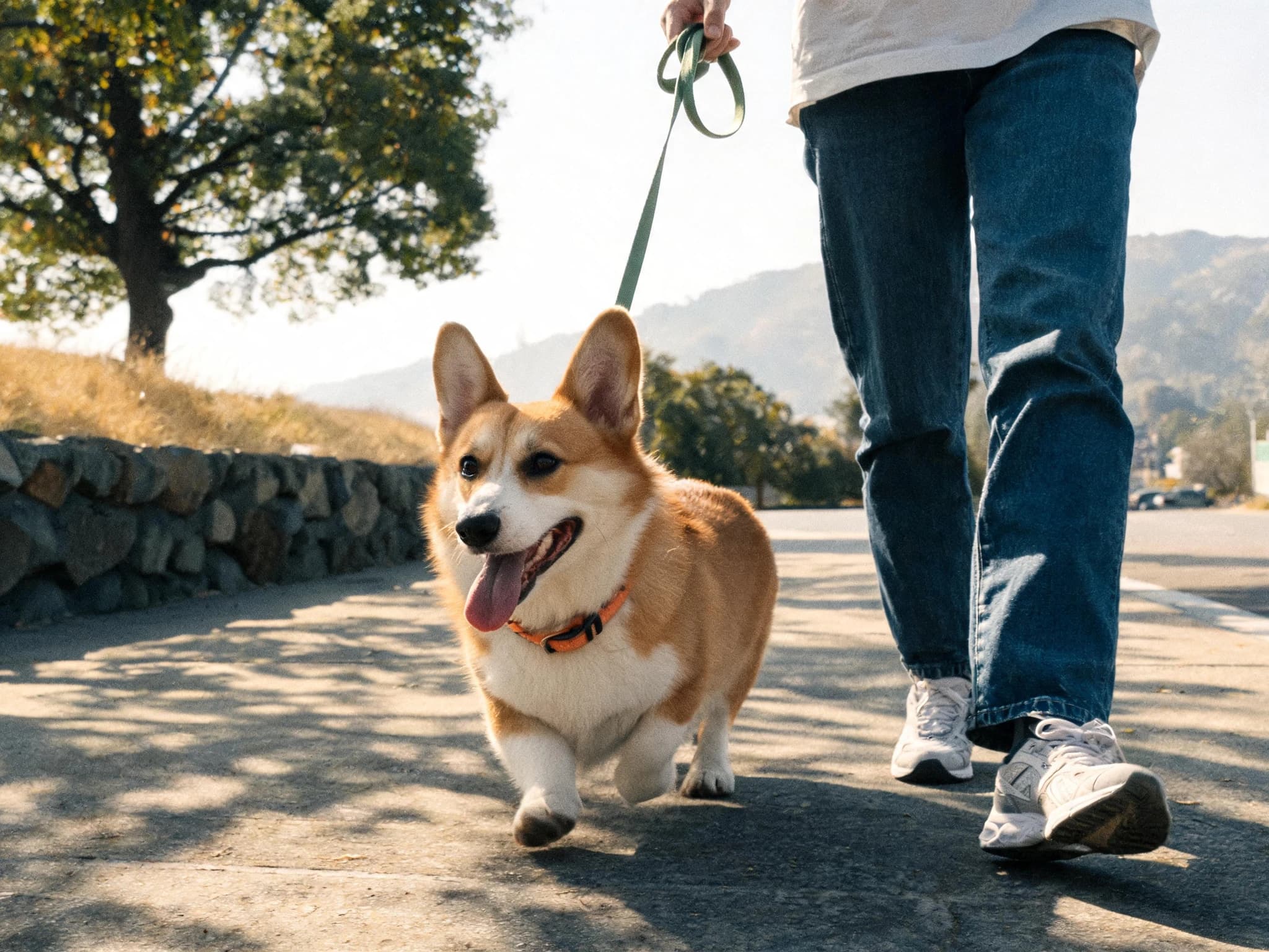 A Pembroke Welsh Corgi in an orange collar walking along a sunlit path beside a low stone wall, tongue out, on a slack sage green lead. The walker is shown from the waist down in jeans and white trainers, with trees and hills behind.