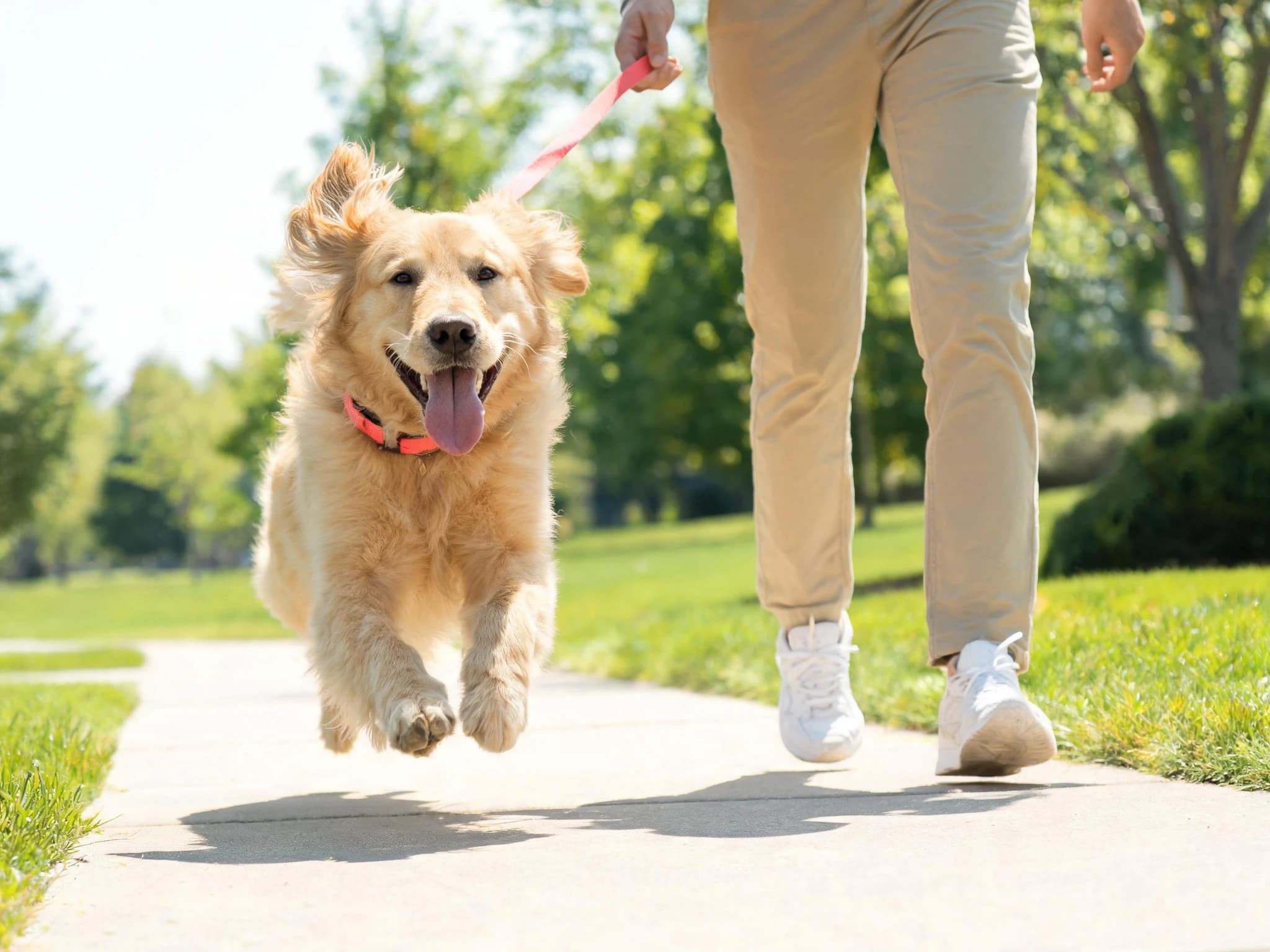 A Golden Retriever in a coral collar trotting along a sunlit park path on a loose coral lead, all four feet off the ground, tongue out and ears lifted. The walker is visible from the waist down in beige trousers and white trainers, keeping pace alongside.