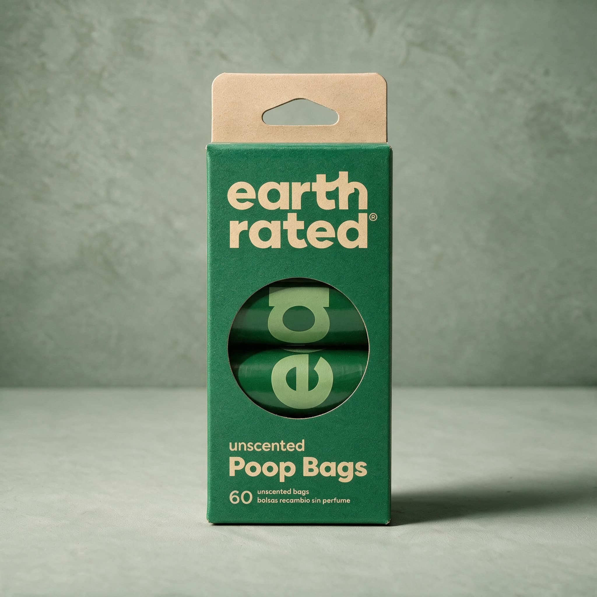 Green and brown box of Earth Rated Unscented Poop Bags, 60-count, with the Earth Rated logo on the front panel.