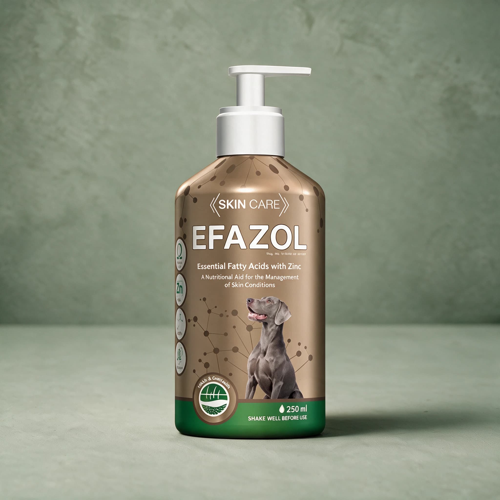 Amber 250ml pump-bottle of Efazol Skin Care Essential Fatty Acids with Zinc, with a dog illustration and dosing chart on the label.