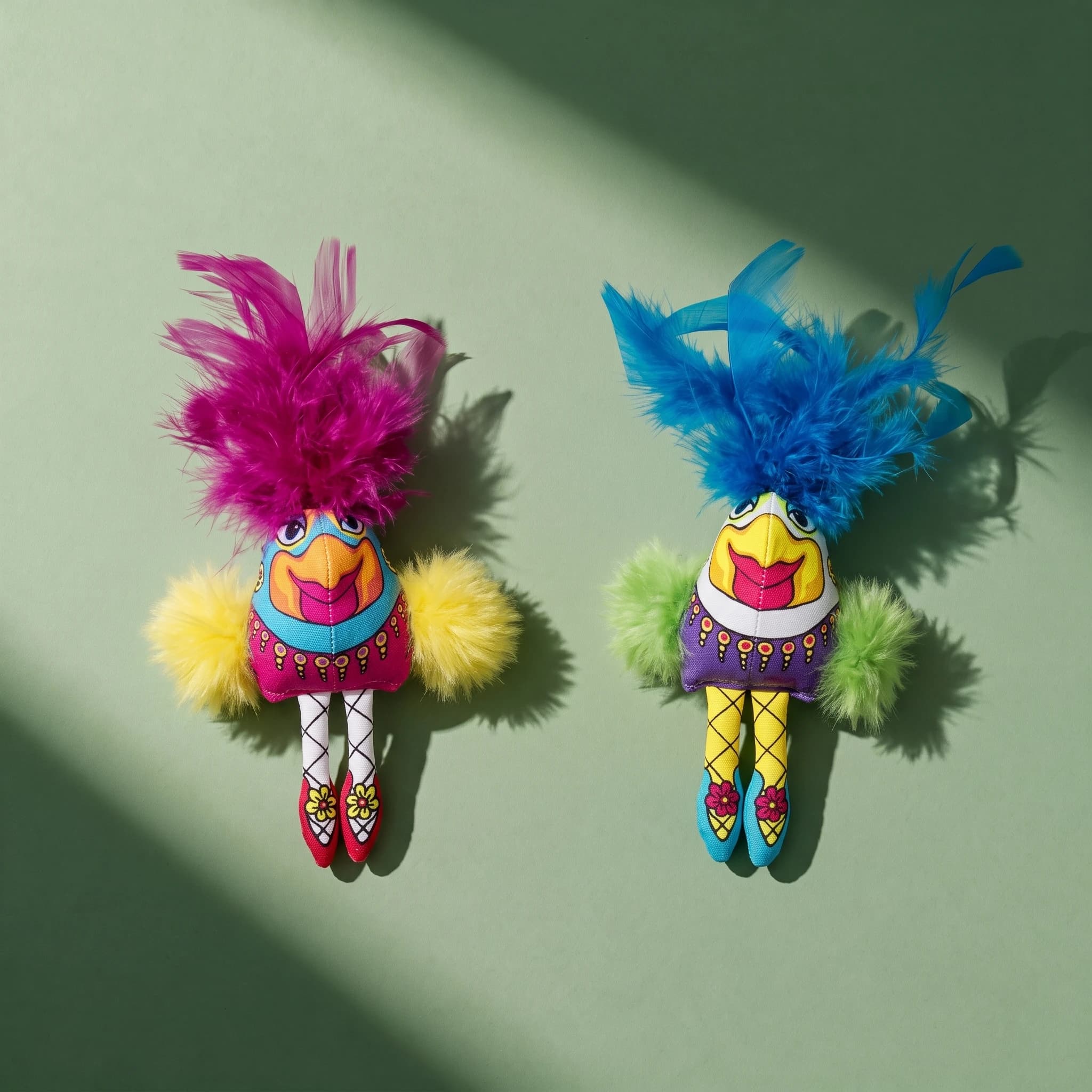 Two Fat Cat Showgulls toys shown overhead side by side on a sage-green background: one with a hot-pink feather mohawk and yellow pompom wings, the other with a blue feather mohawk and green pompom wings.