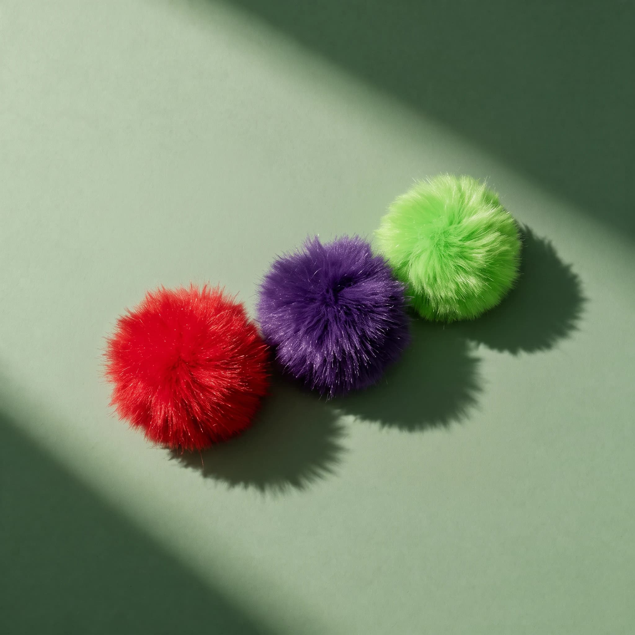 Three JW Fun Fluffs pom-pom cat toys shown together in red, purple, and green fuzzy textured fur, against a sage green background.