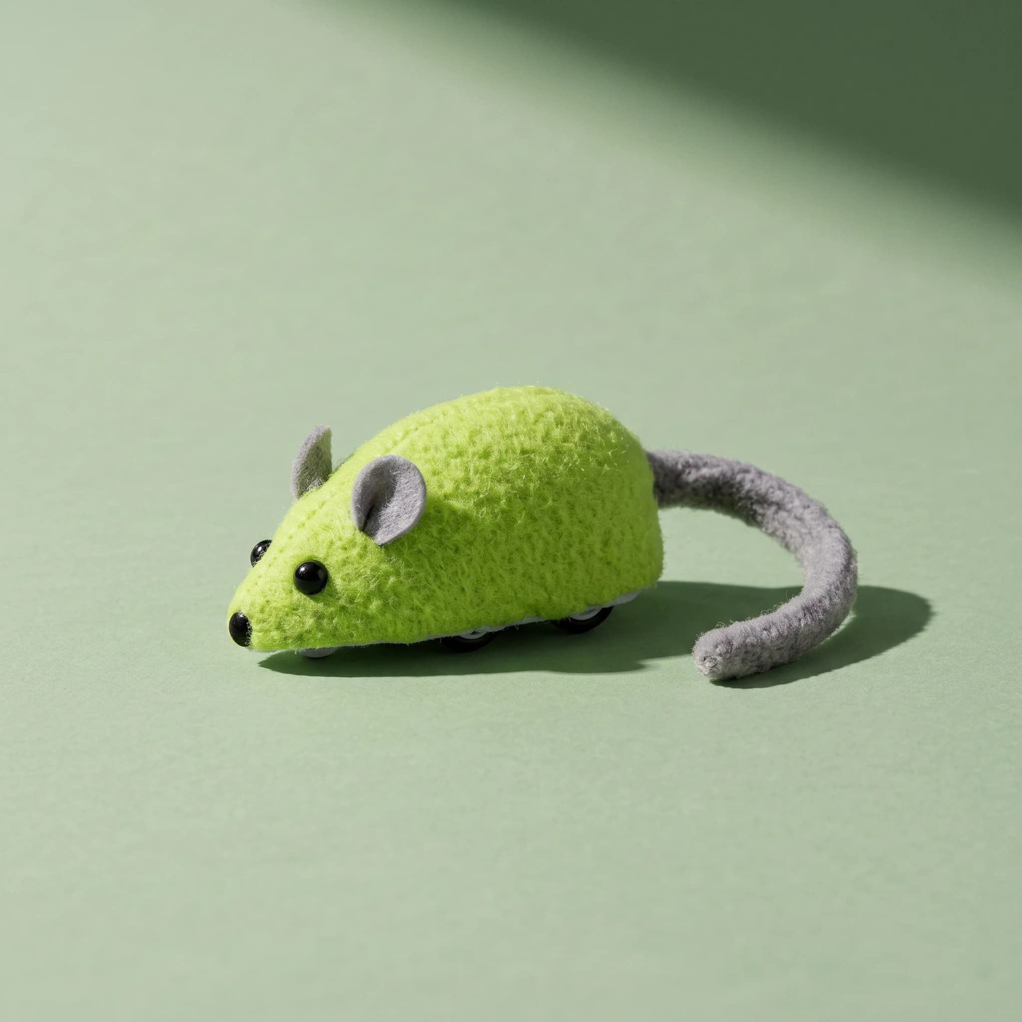 Close-up of the green JW Zippy Mouse cat toy with grey felt ears and tail and small wheels underneath, shown alone against a green background.