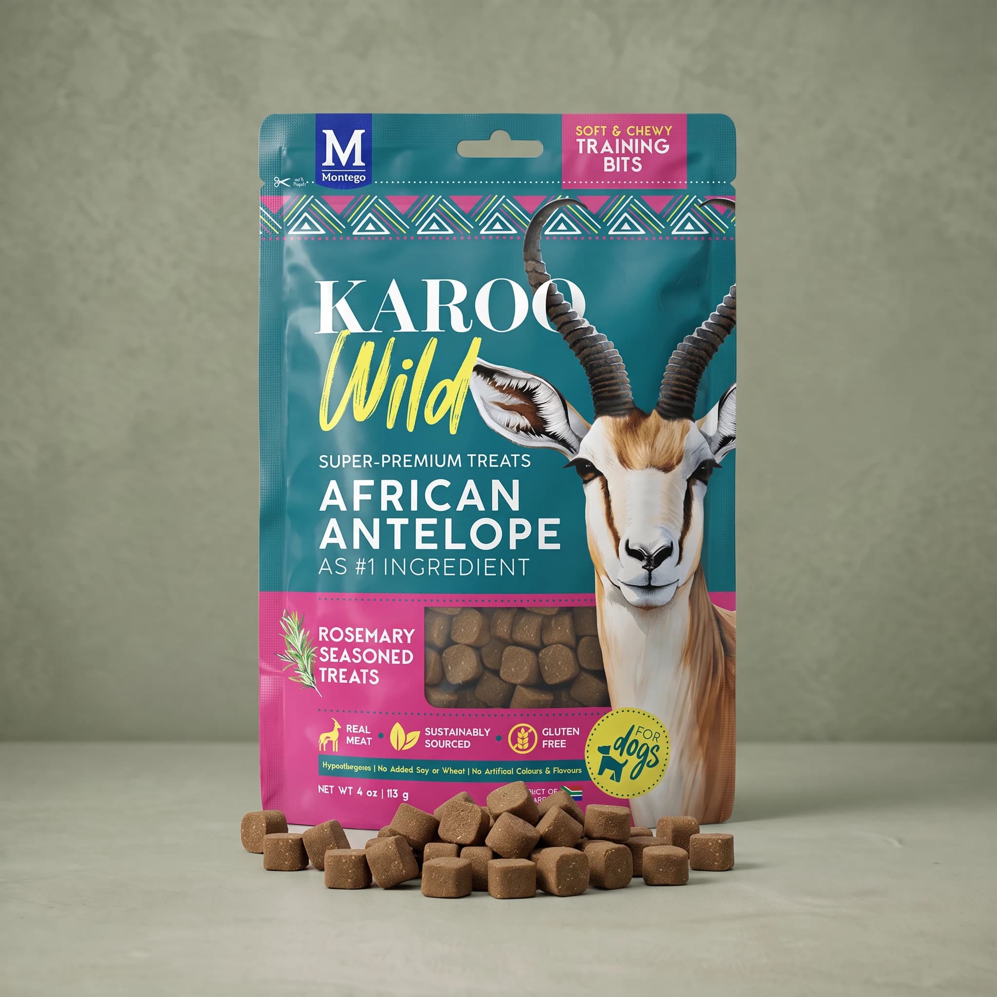 The same teal and magenta Karoo Wild Rosemary Training Bits pouch standing upright against a plain sage green background, with small round pellet treats scattered symmetrically on either side at its base.