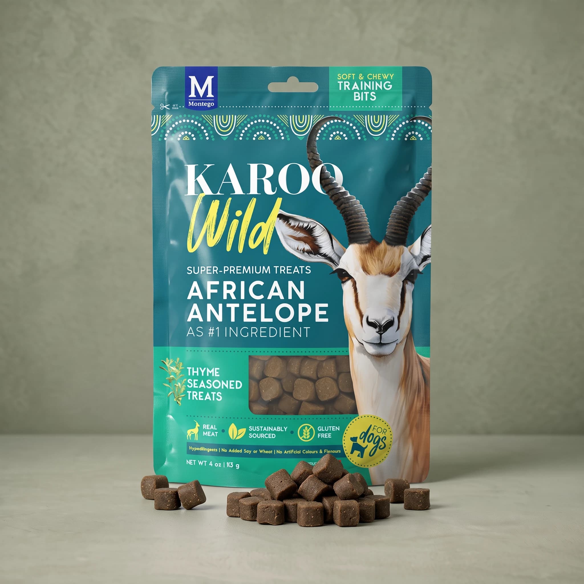 The same teal and green Karoo Wild Thyme Training Bits pouch standing upright against a plain sage green background, with small round pellet treats scattered symmetrically on either side at its base.