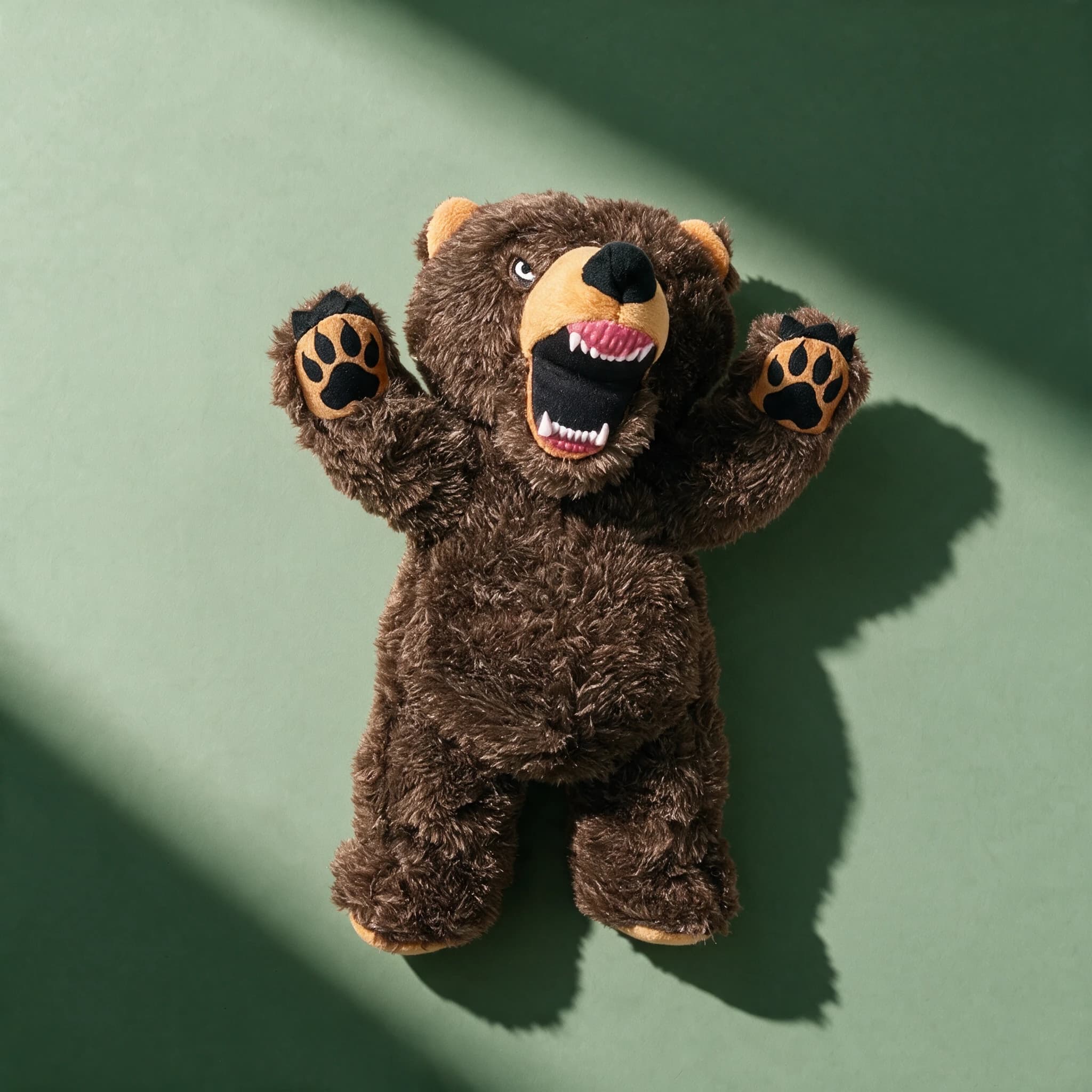 Overhead view of the brown Mighty Toys Angry Animals Bear plush toy alone, arms raised and mouth open showing teeth and pink gums, on a sage-green background with a strong diagonal shadow.