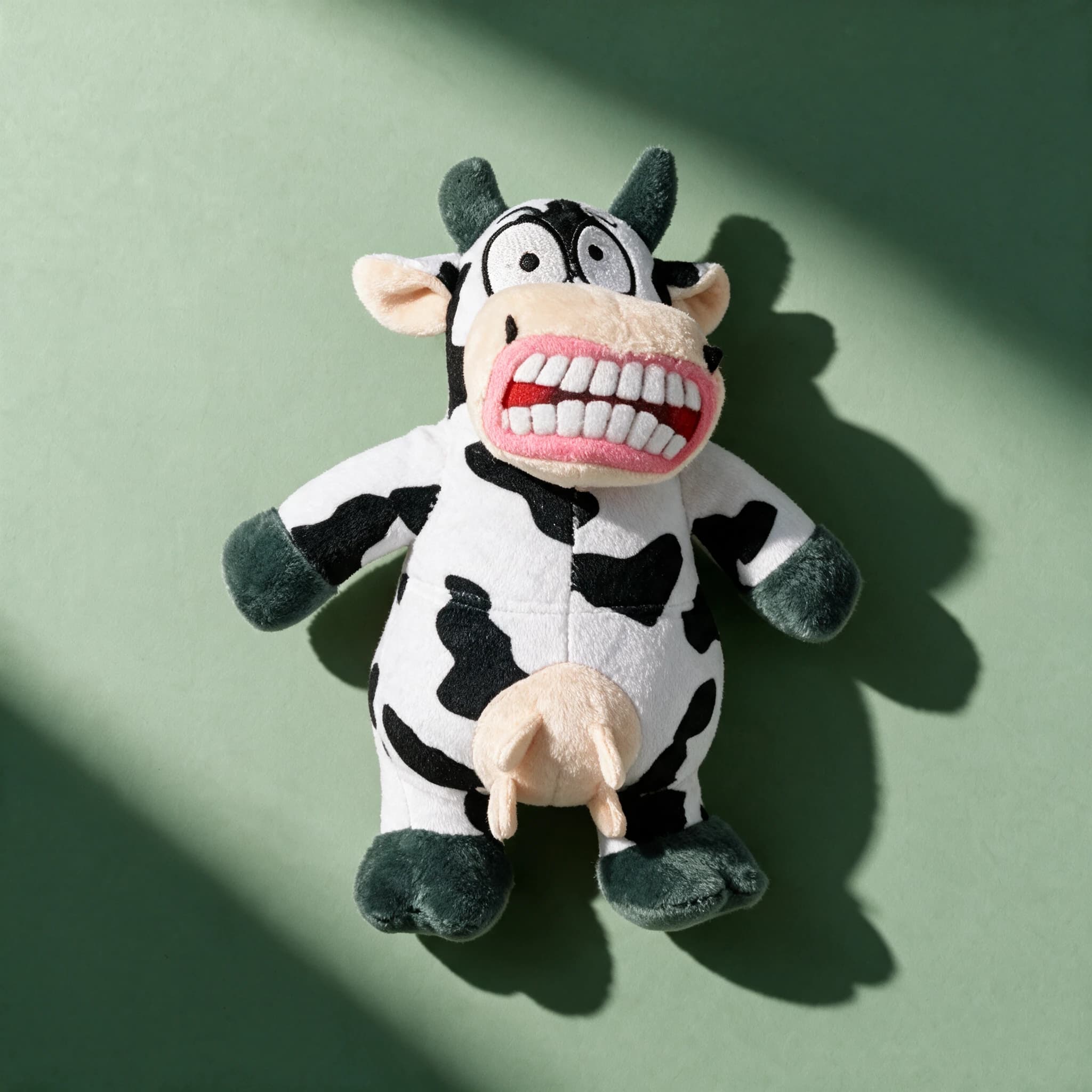 Close-up of the Mighty Toys plush cow toy alone, showing its black-and-white spotted body, cream face, dark green horns and hooves, and wide grinning mouth with white teeth, on a sage green background.