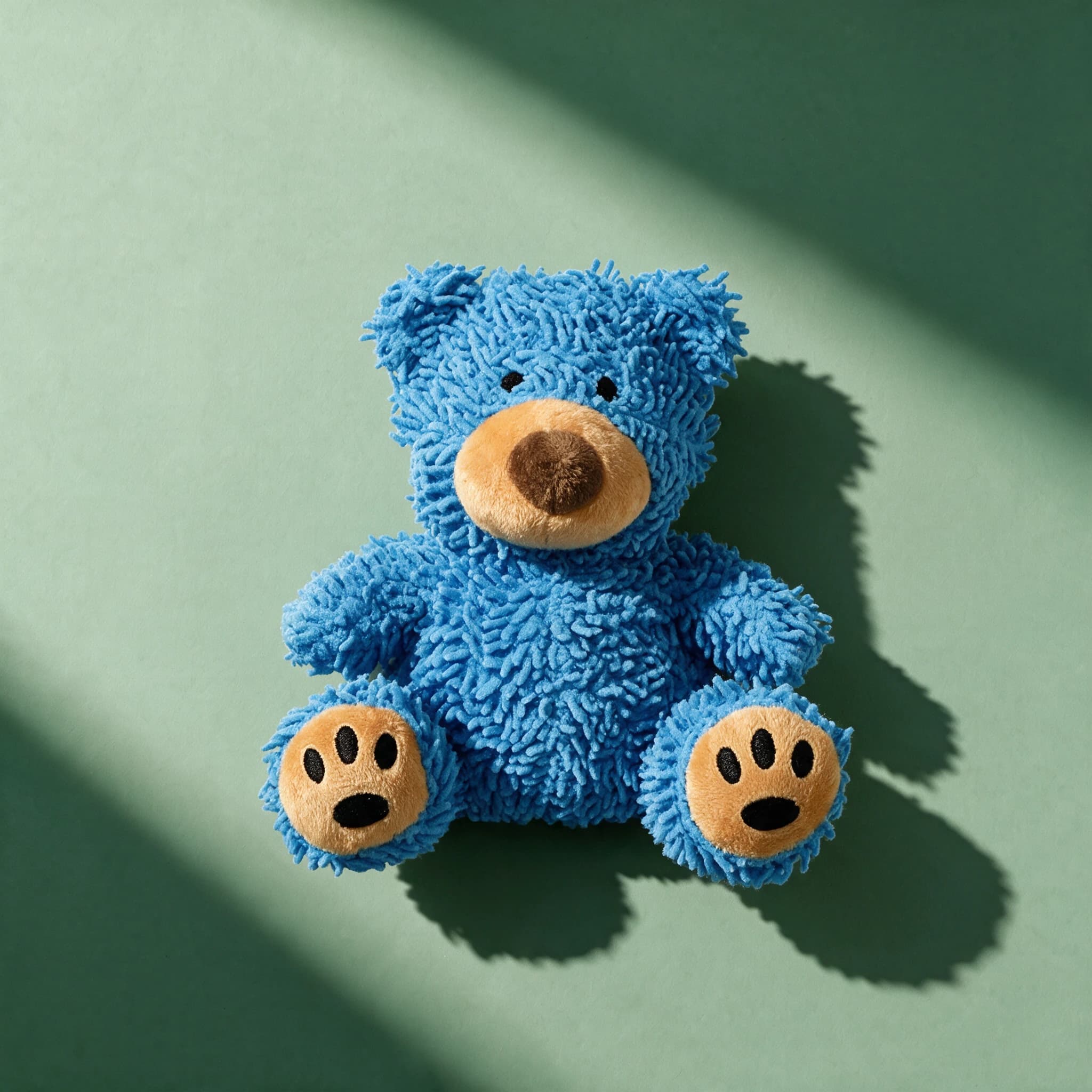 Close-up overhead shot of the Mighty Toys Microfiber Bear plush dog toy alone, showing its shaggy blue fringed fur, tan snout with a dark brown stitched nose, black button eyes, and tan paw pads with black claw stitching, against a sage green background with a strong diagonal shadow.
