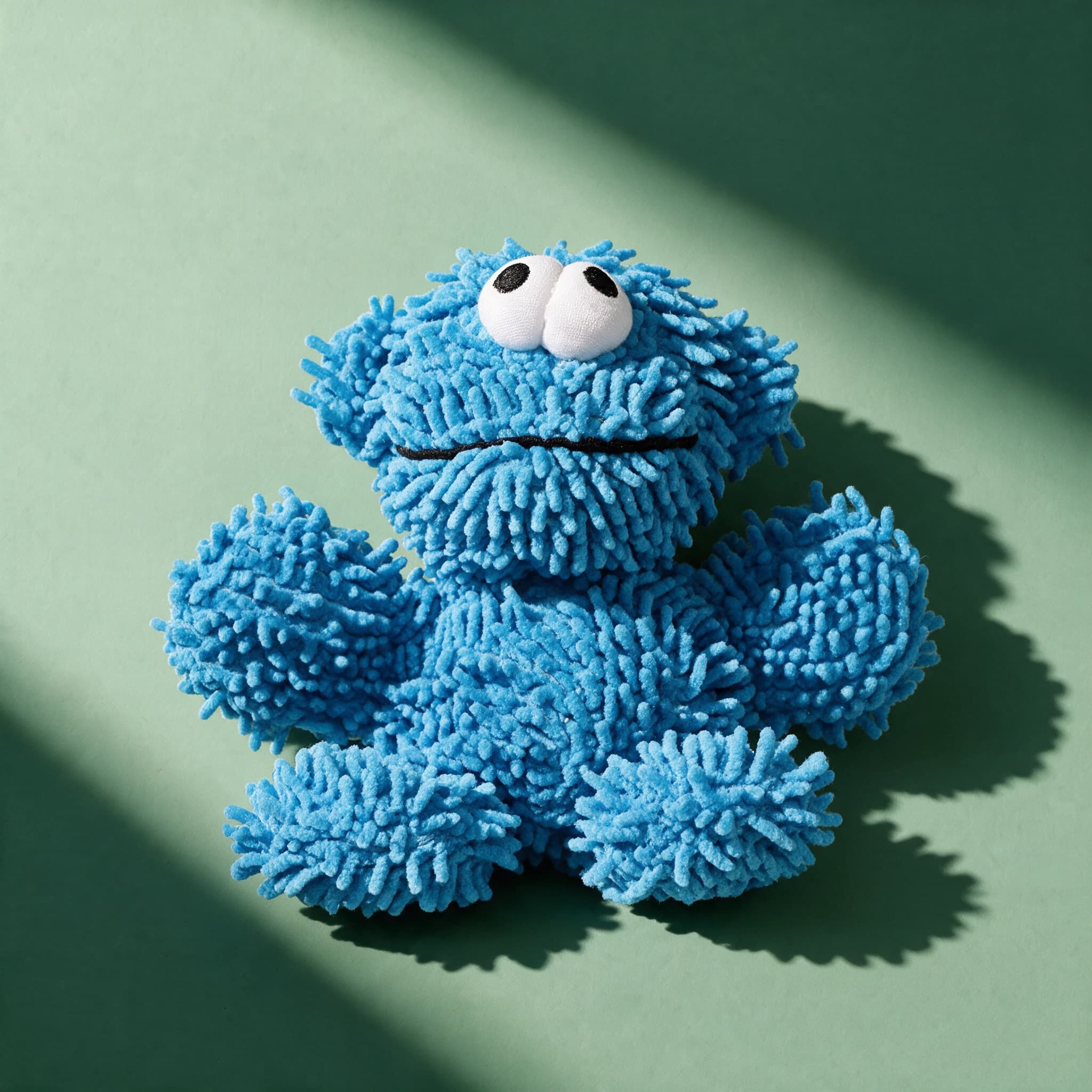 Close-up overhead shot of the Mighty Toys Microfiber Monster plush dog toy alone, a shaggy sky-blue Cookie-Monster-style creature with two round white googly-style eyes with black pupils and a curved black stitched mouth, against a sage green background with a strong diagonal shadow.