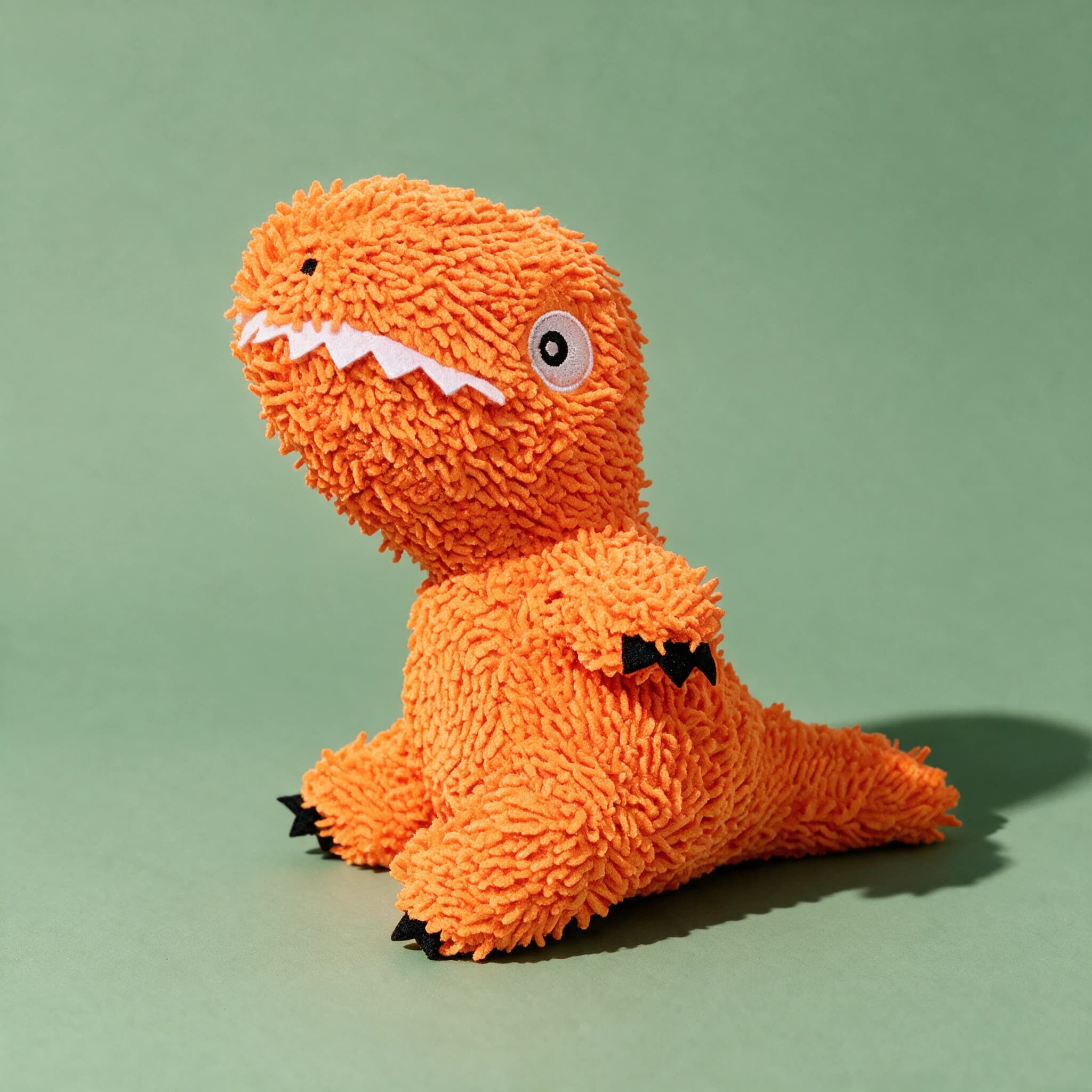 Close-up studio shot of the shaggy orange microfiber Mighty Toys T-Rex plush toy, showing its fringed texture, white cartoon eye, felt teeth and small black clawed feet, on a sage green background.