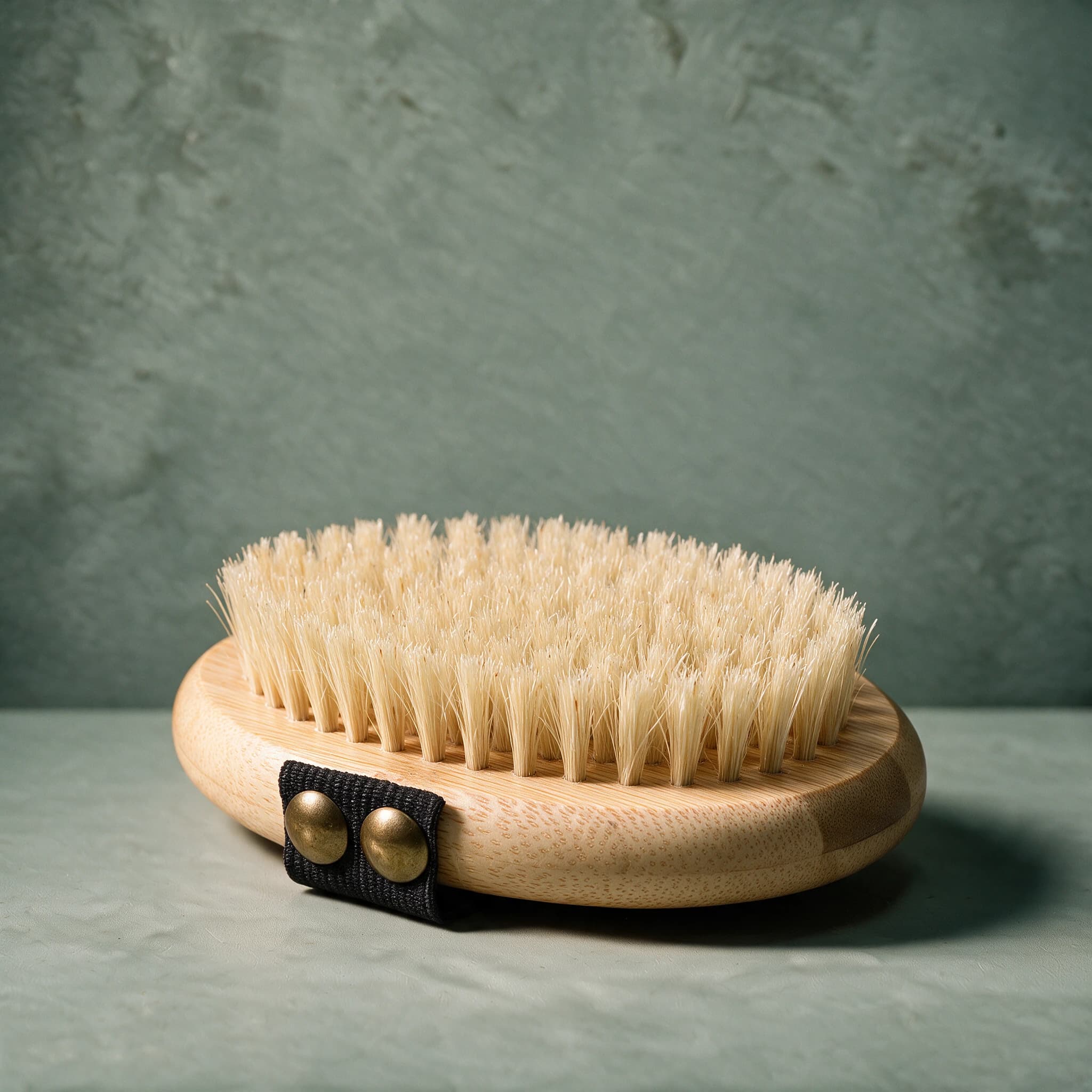 Mikki Bamboo Palm Bristle Brush with an oval bamboo head set with natural bristles, shown on a sage green background.