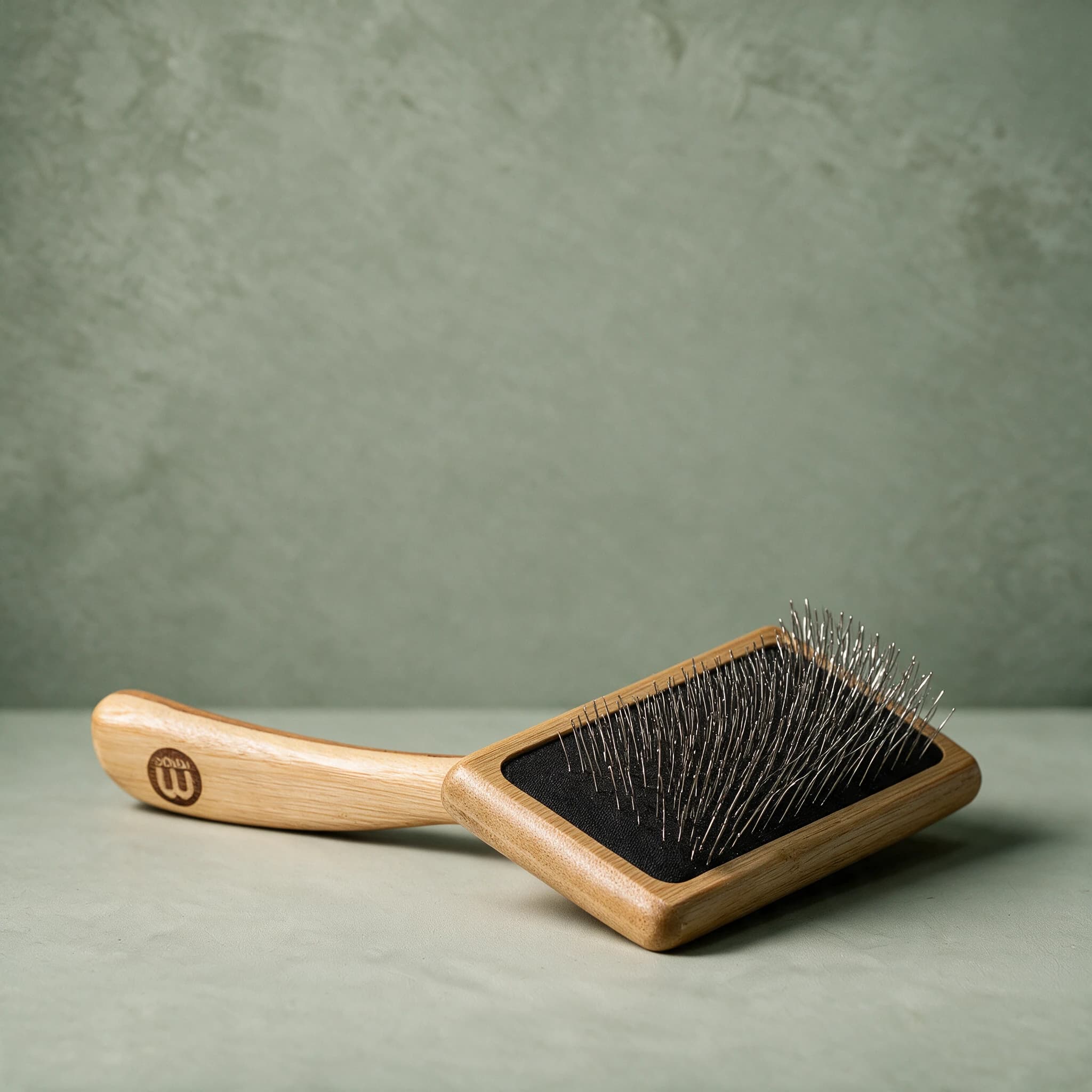 Mikki Bamboo Slicker Brush with a bamboo handle and Fine, flexible pins on a cushioned pad, shown on a sage green background.