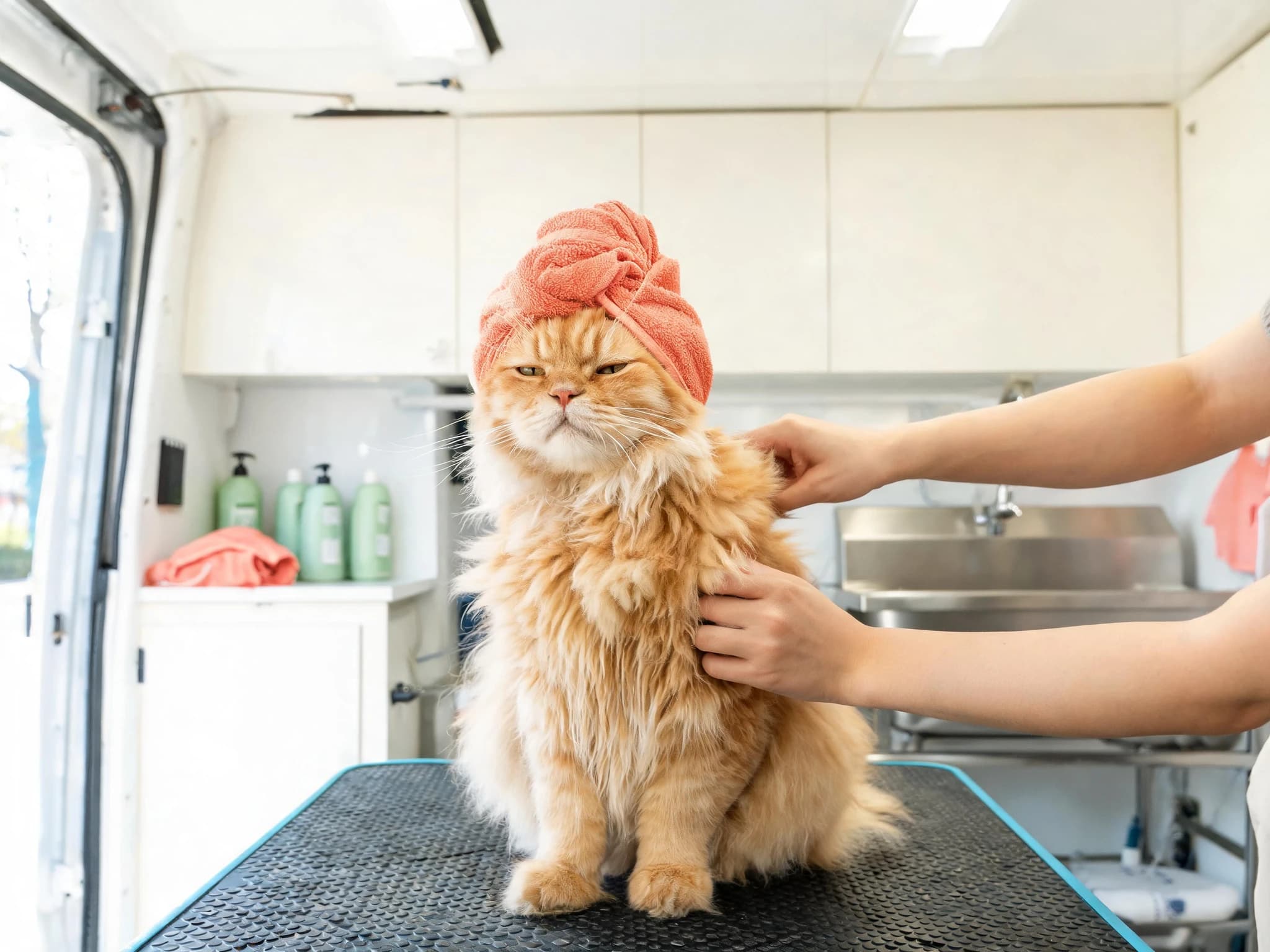 A long-haired ginger cat sitting on the grooming table of a mobile van with a coral towel twisted into a turban on its head, wearing a distinctly unimpressed expression. A groomer's hands rest on its shoulder and flank, with green shampoo bottles and a stainless sink behind.