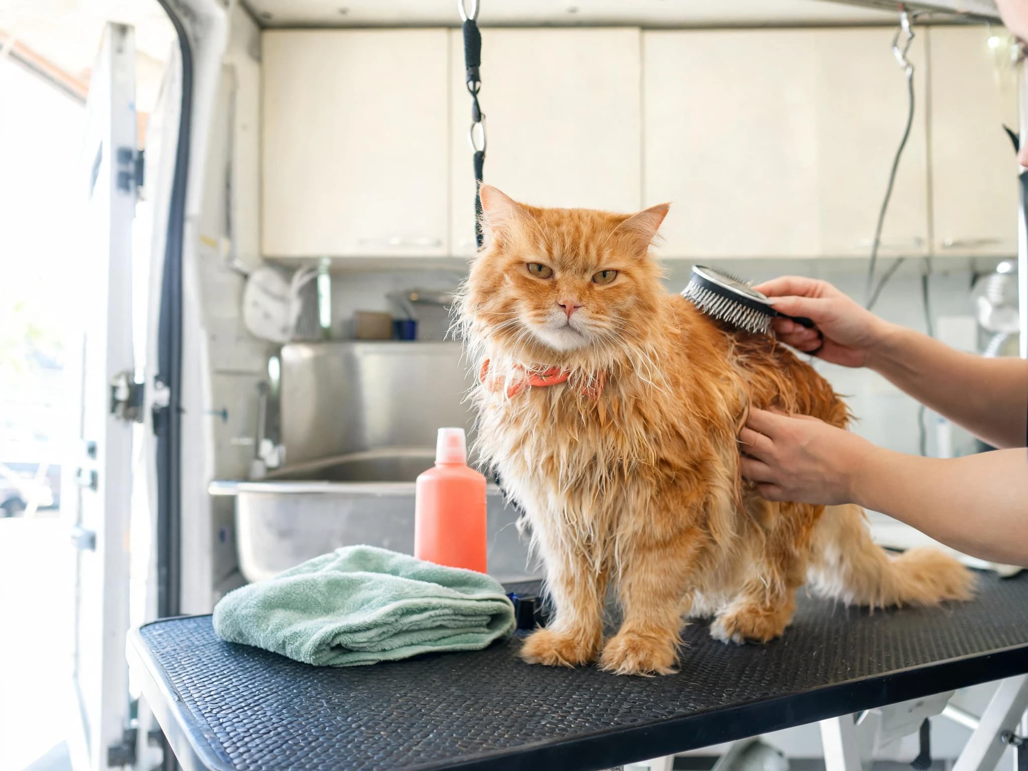A damp long-haired ginger cat in a coral collar standing on the grooming table of a mobile van while a groomer brushes its back with a slicker brush. A folded sage green towel, a coral bottle and the van's stainless bath are on the table and behind it.