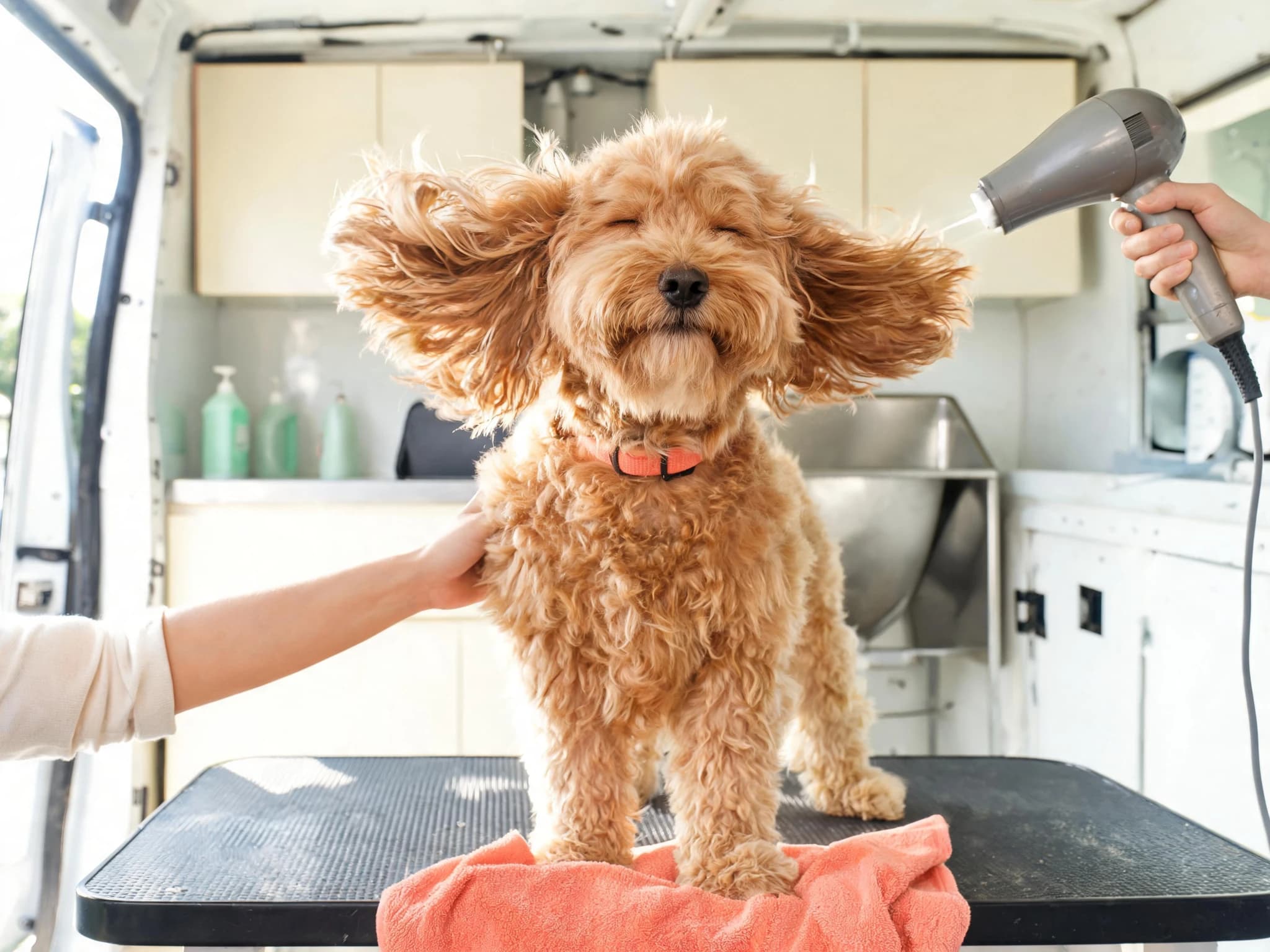 An apricot cockapoo standing on the grooming table in a mobile van with its ears blown straight out to the sides by a hand-held dryer, eyes shut against the airflow. It wears a coral collar; a groomer steadies its chest with one hand and holds the dryer with the other.