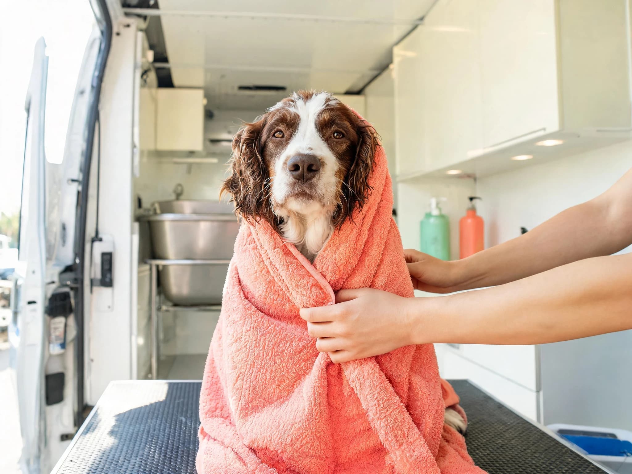 A liver and white English Springer Spaniel sitting wrapped in a large coral towel on the grooming table of a mobile van, damp ears and muzzle showing, looking up at the camera while a groomer's hands hold the towel closed around it.