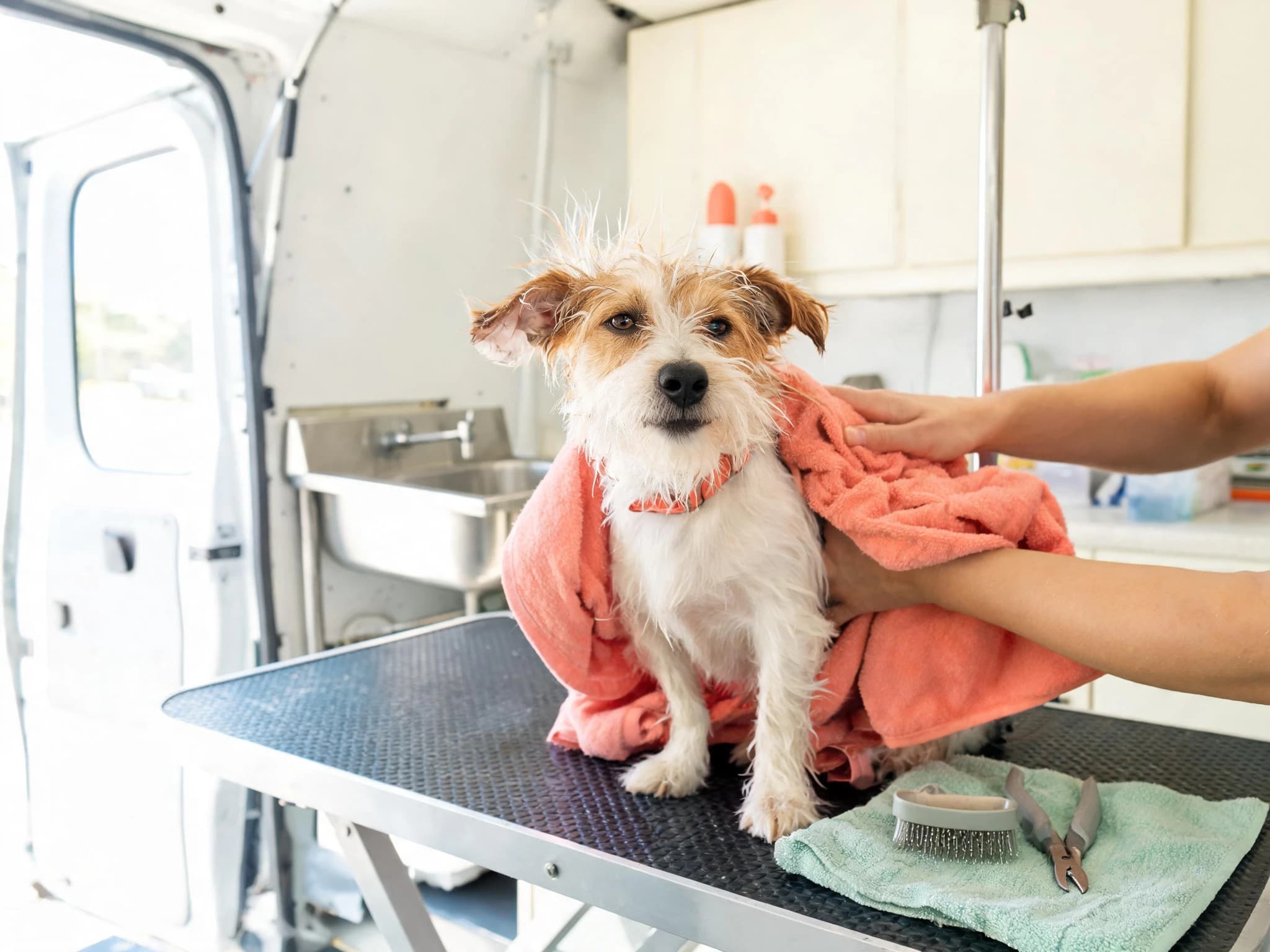 A wet tan and white wire-haired terrier sitting on the grooming table of a mobile van being towel-dried with a coral towel by a groomer's hands. A slicker brush and a pair of nail clippers lie ready on a sage green towel beside it.