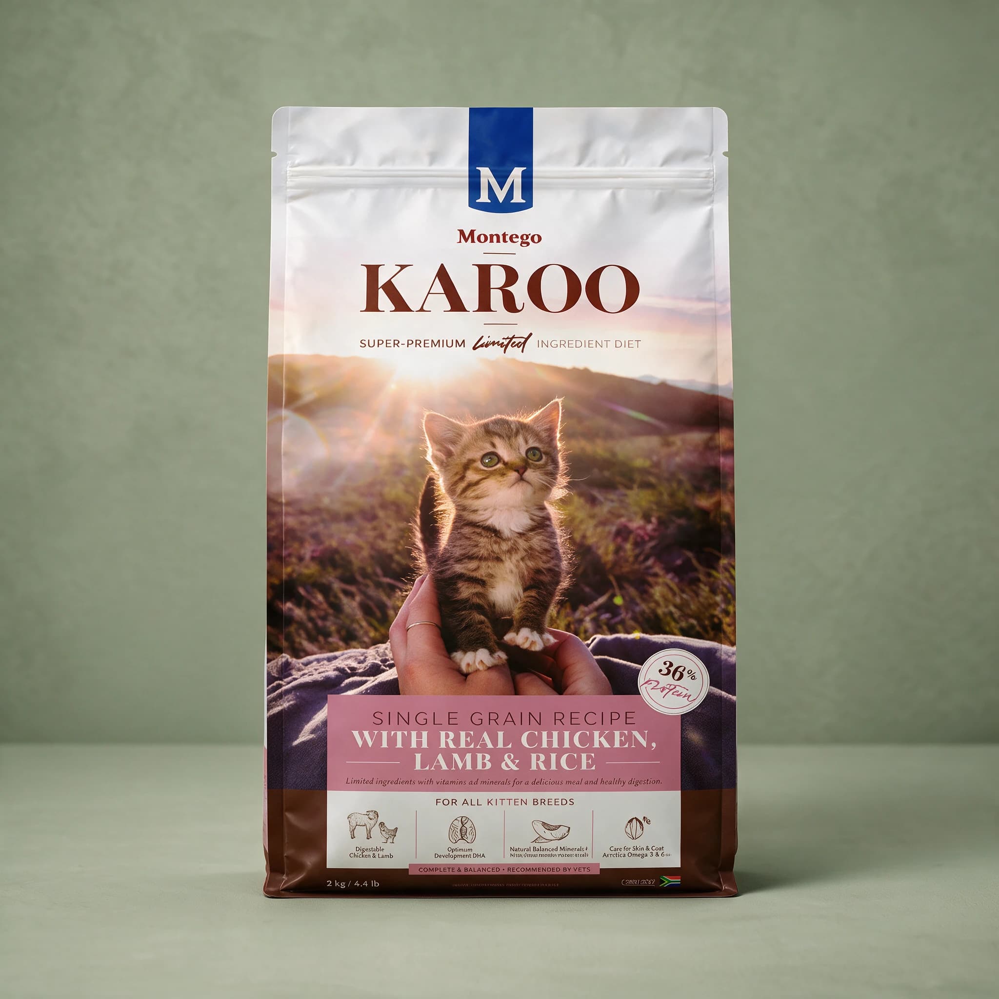 The Montego Karoo Kitten Chicken, Lamb & Rice dry cat food bag standing on a sage green studio background, surrounded by scattered kibble, raw chicken and lamb pieces, rice, egg, and fresh produce.
