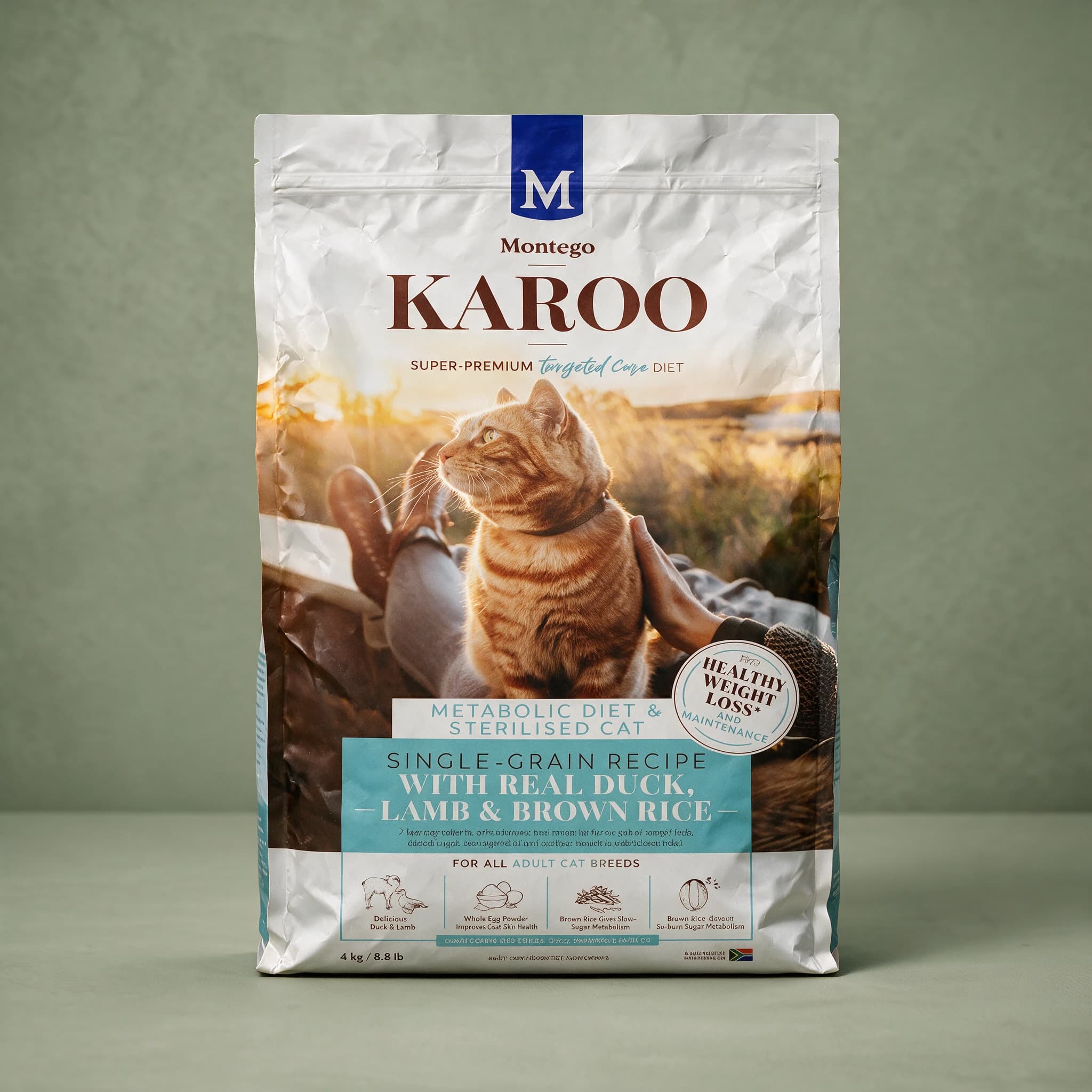 A white stand-up pouch of Montego Karoo dry cat food with a navy blue "M" Montego logo and brown "KAROO" wordmark, labelled "Targeted Care Diet," showing a lifestyle photo of an orange tabby cat with its owner outdoors at sunset and a teal banner reading "Metabolic Diet & Sterilised Cat — Single-Gra