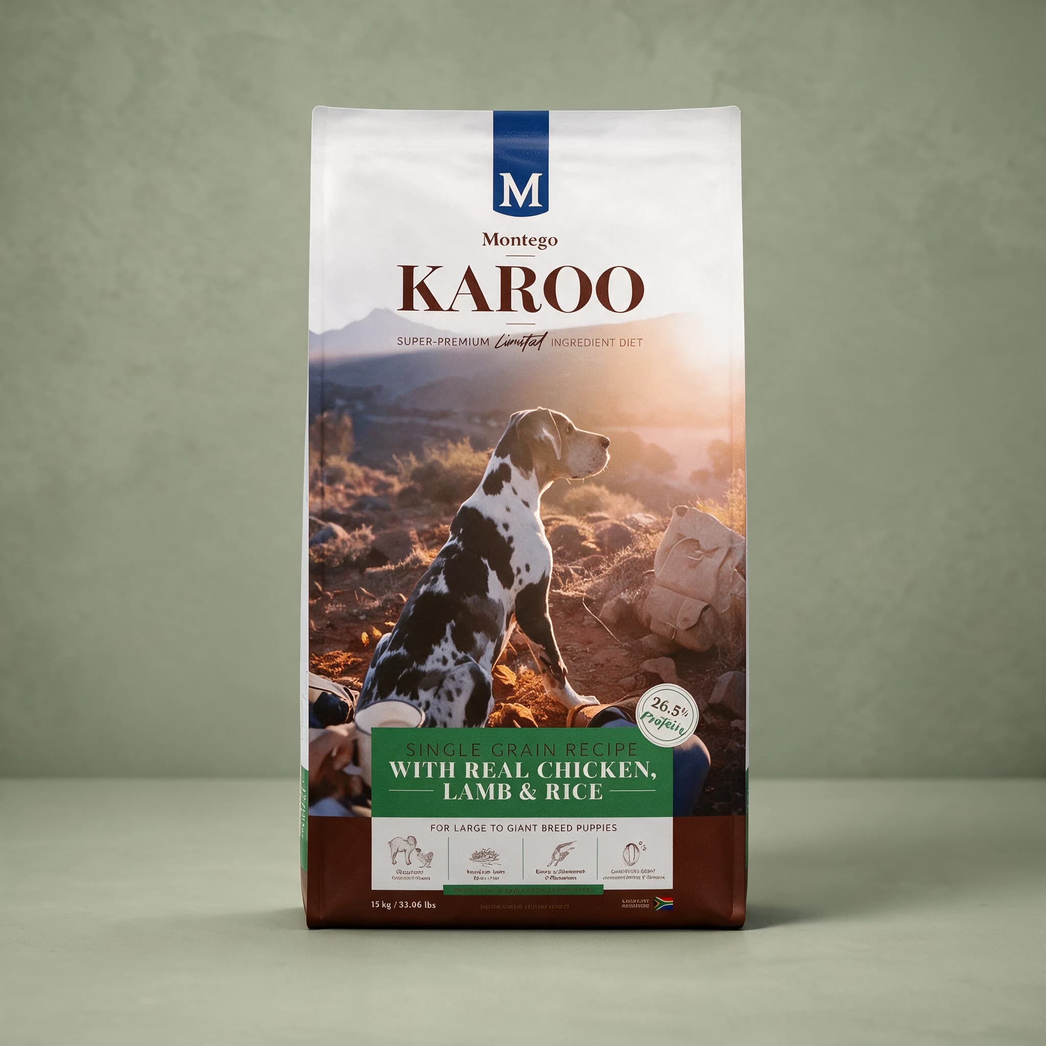 A white stand-up pouch of Montego Karoo Large Puppy dry dog food with a navy "M" Montego logo and brown "KAROO" wordmark, showing a lifestyle photo of a puppy with its owner outdoors and a banner reading "Single Grain Recipe with Real Chicken, Lamb & Rice — Large Puppy," standing alone against a pla