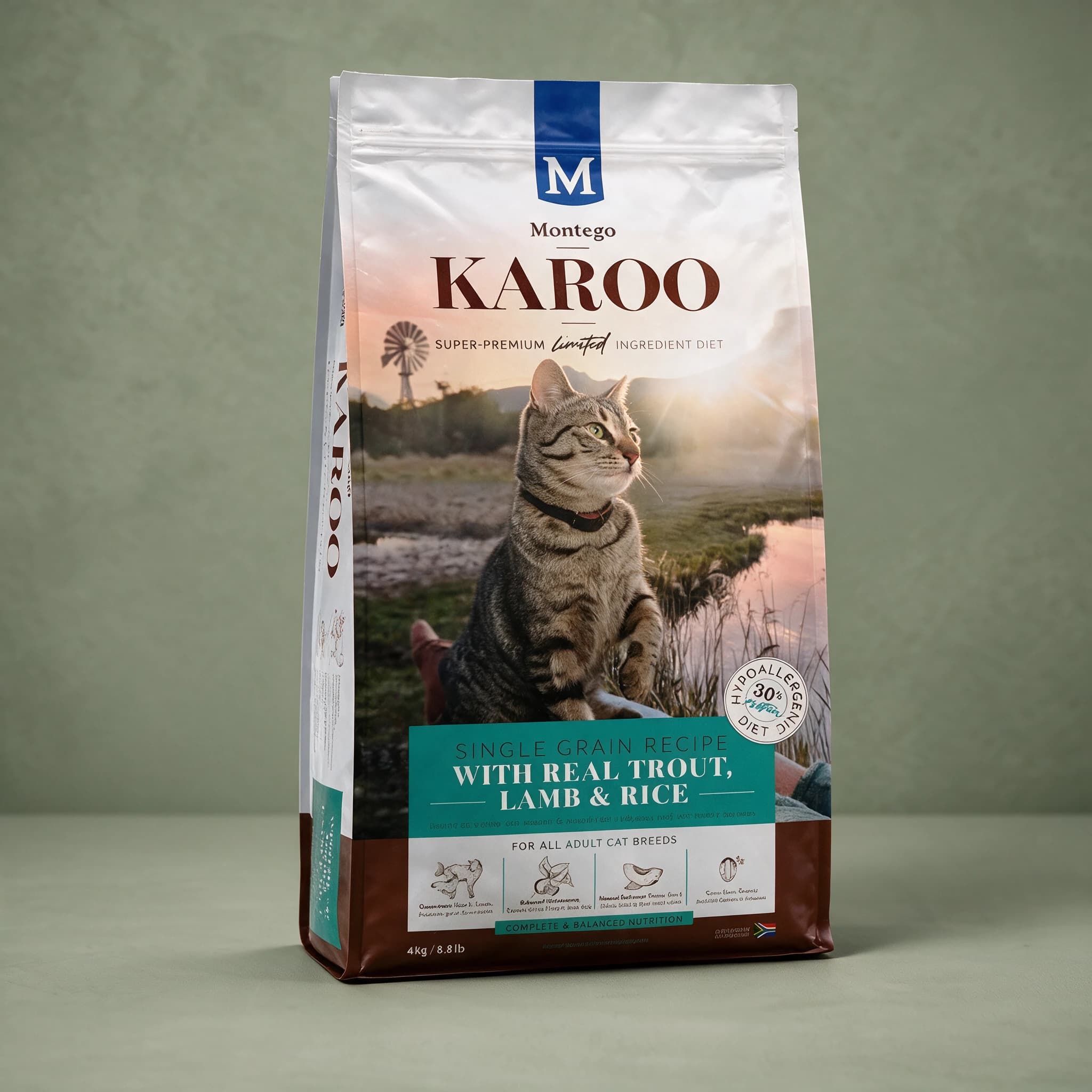 The white Montego Karoo dry cat food bag, showing a brown tabby cat wearing a black collar sitting beside a windmill and river at sunset, a teal "SINGLE GRAIN RECIPE WITH REAL TROUT, LAMB & RICE" banner, a "HYPOALLERGENIC 30% protein DIET" badge, and "4kg/8.8lb" printed near the base, standing uprig