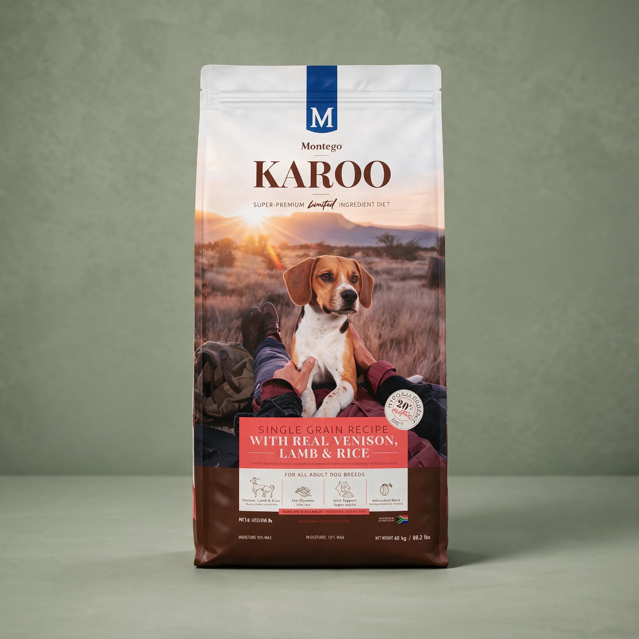 A white stand-up pouch of Montego Karoo dry dog food with a navy "M" Montego logo and brown "KAROO" wordmark, showing a lifestyle photo of a beagle sitting with its owner in a rocky desert landscape at sunset and a maroon banner reading "Single Grain Recipe with Real Venison, Lamb & Rice," standing
