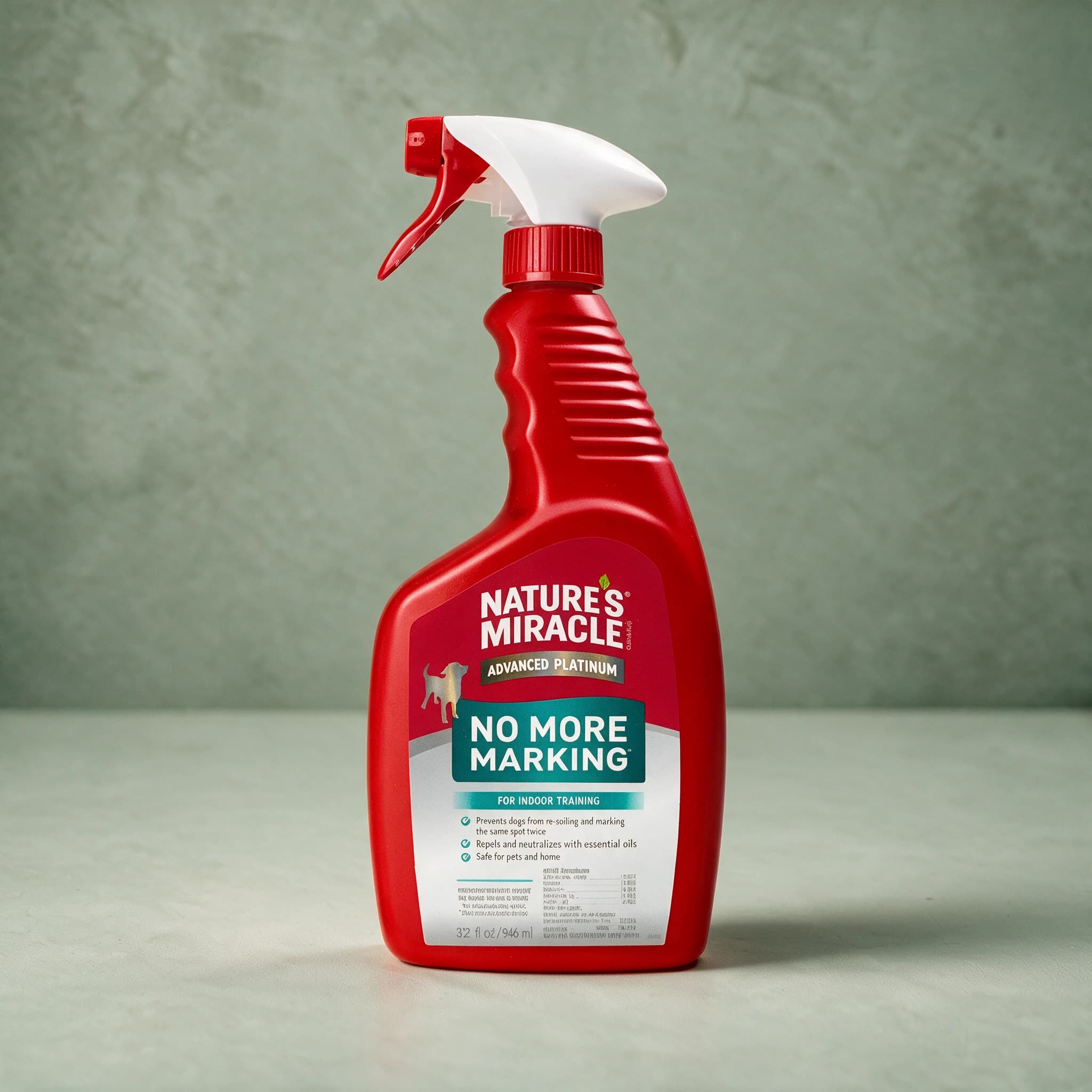 Red trigger-spray bottle of Nature's Miracle No More Marking Stain & Odor Remover, blue label with the Nature's Miracle logo and a dog illustration.