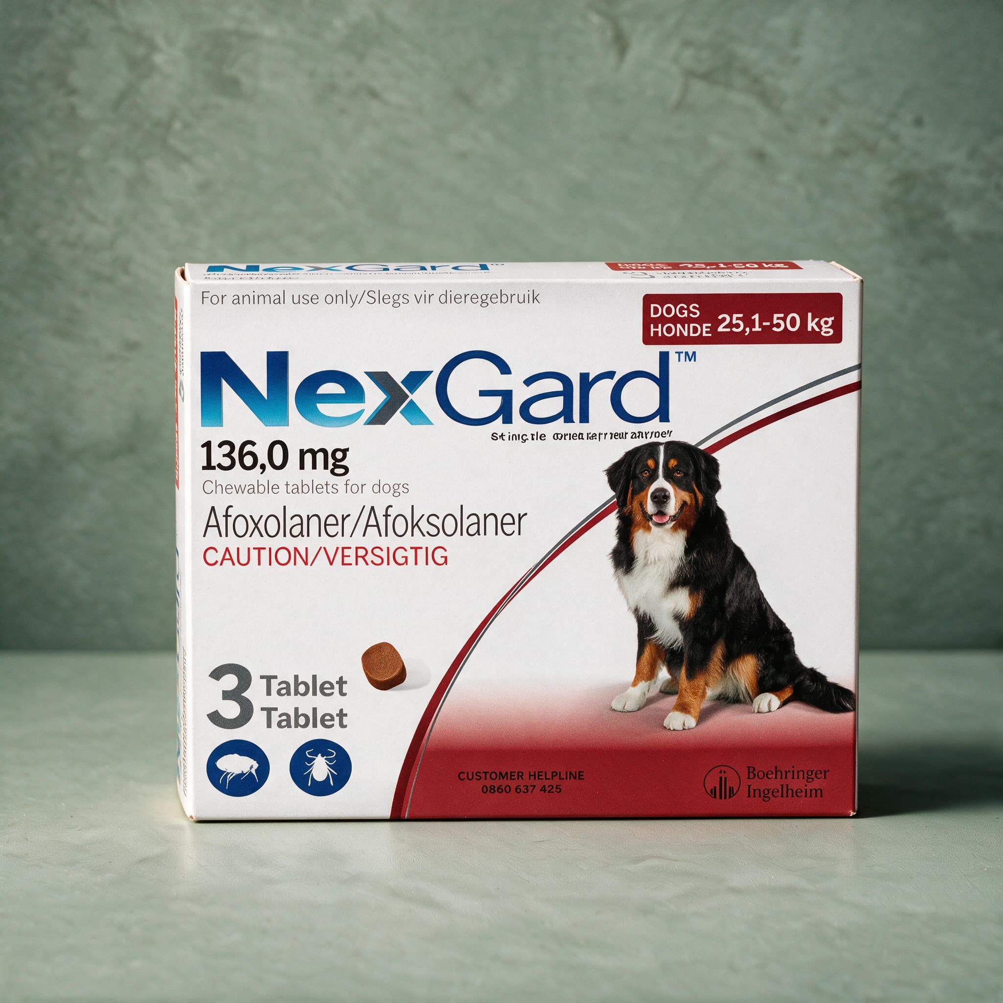 Red and white box of NexGard Chewable Tablets for 25.1-50 kg Dogs pack, with a large Bernese Mountain dog picture and a single-tablet dosage illustration on the front panel.