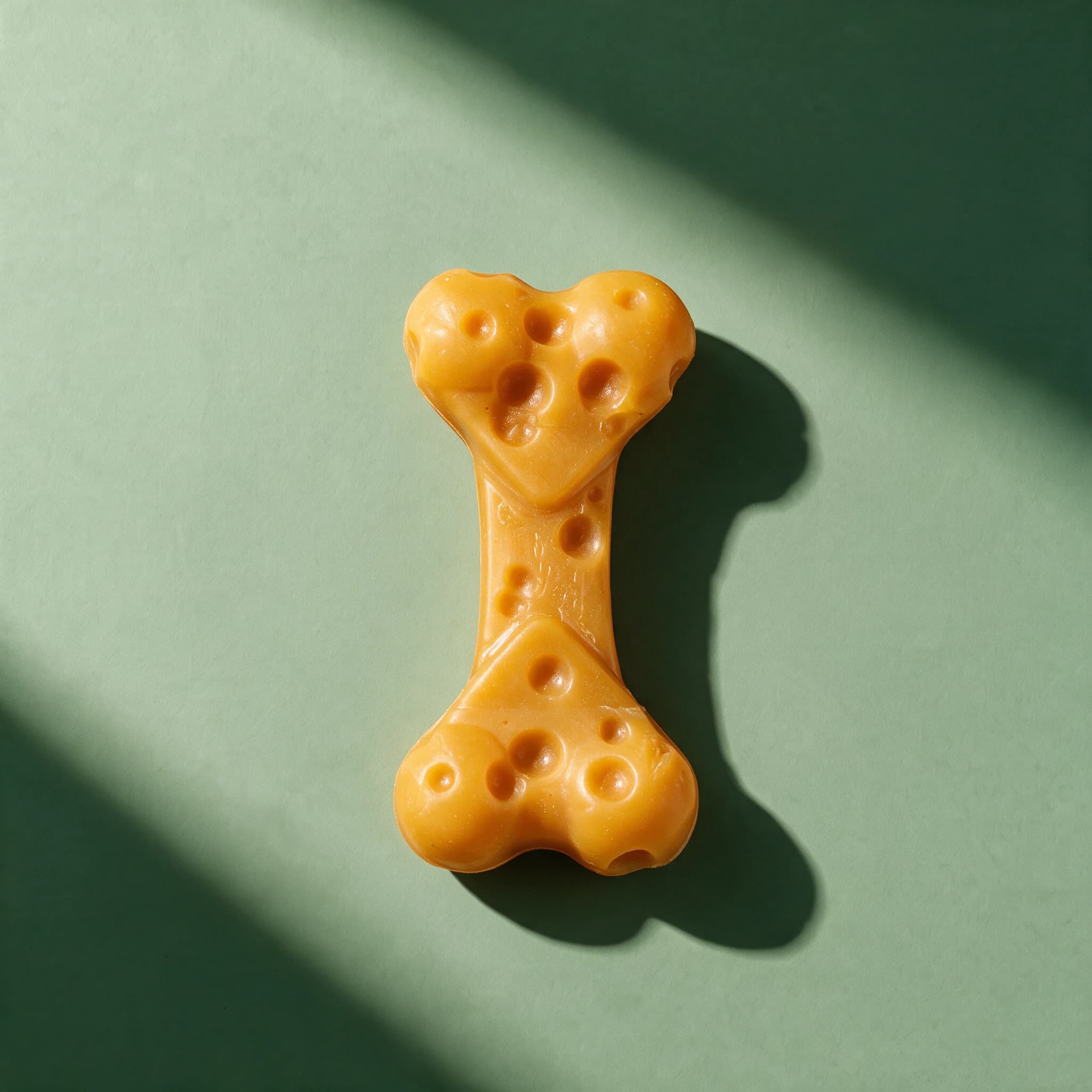 Close-up of the yellow, cheese-textured Nylabone Extreme Chew bone toy with rounded ends and hole indentations, shown against a green background.