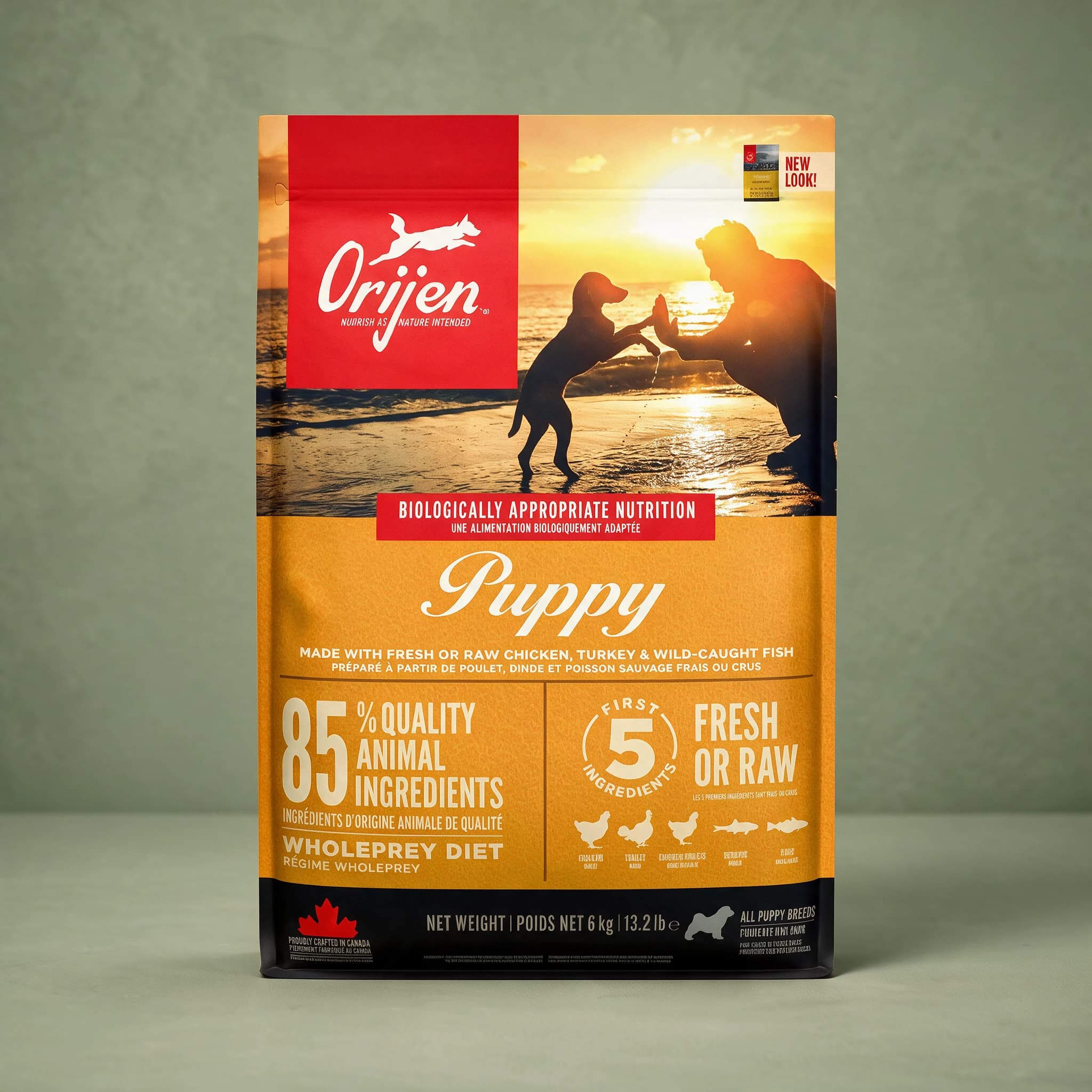 The red and orange Orijen Puppy dry dog food bag featuring a silhouetted man and dog playing on a beach at sunset, photographed alone against a sage green studio background.