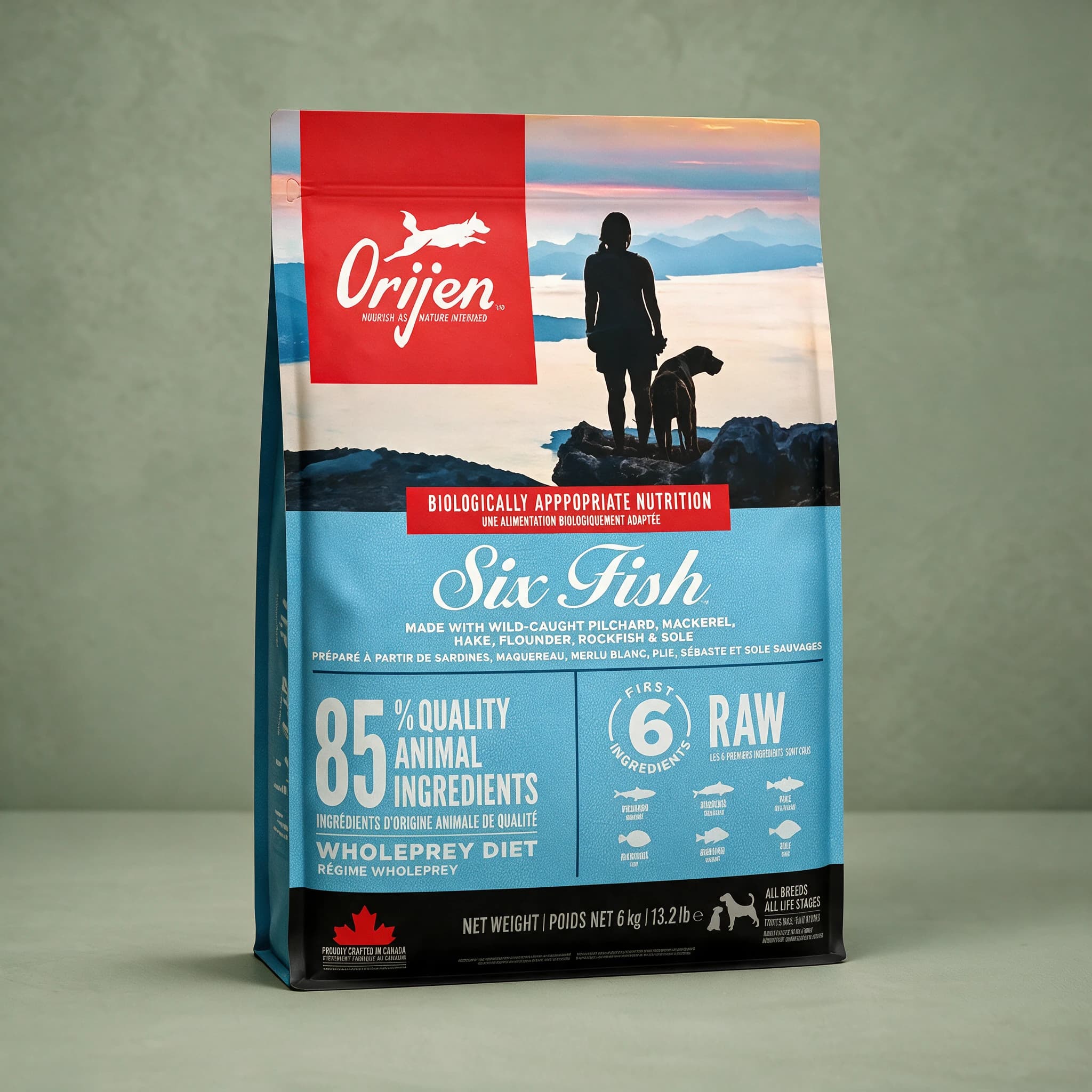 The red and blue Orijen Six Fish dry dog food bag featuring a silhouetted woman and dog standing on coastal rocks at sunset, photographed at a slight angle against a sage green studio background.