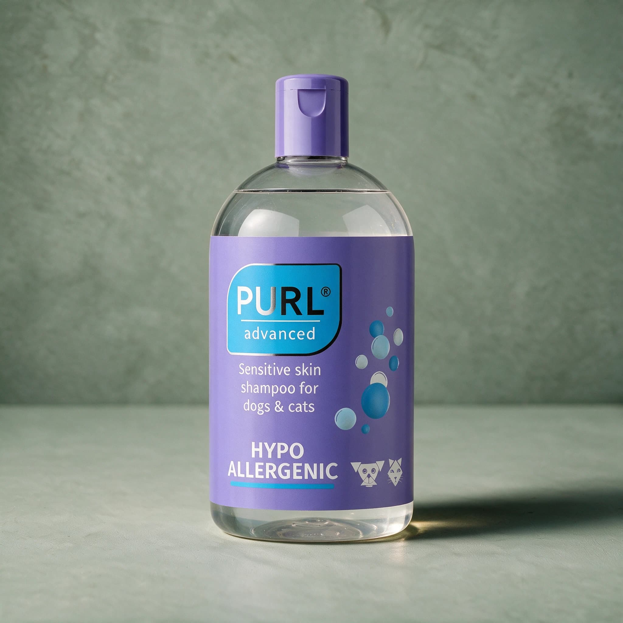 Bottle of PURL Advanced Hypoallergenic Sensitive Skin Shampoo for Dogs & Cats, with the PURL logo on the purple front label.