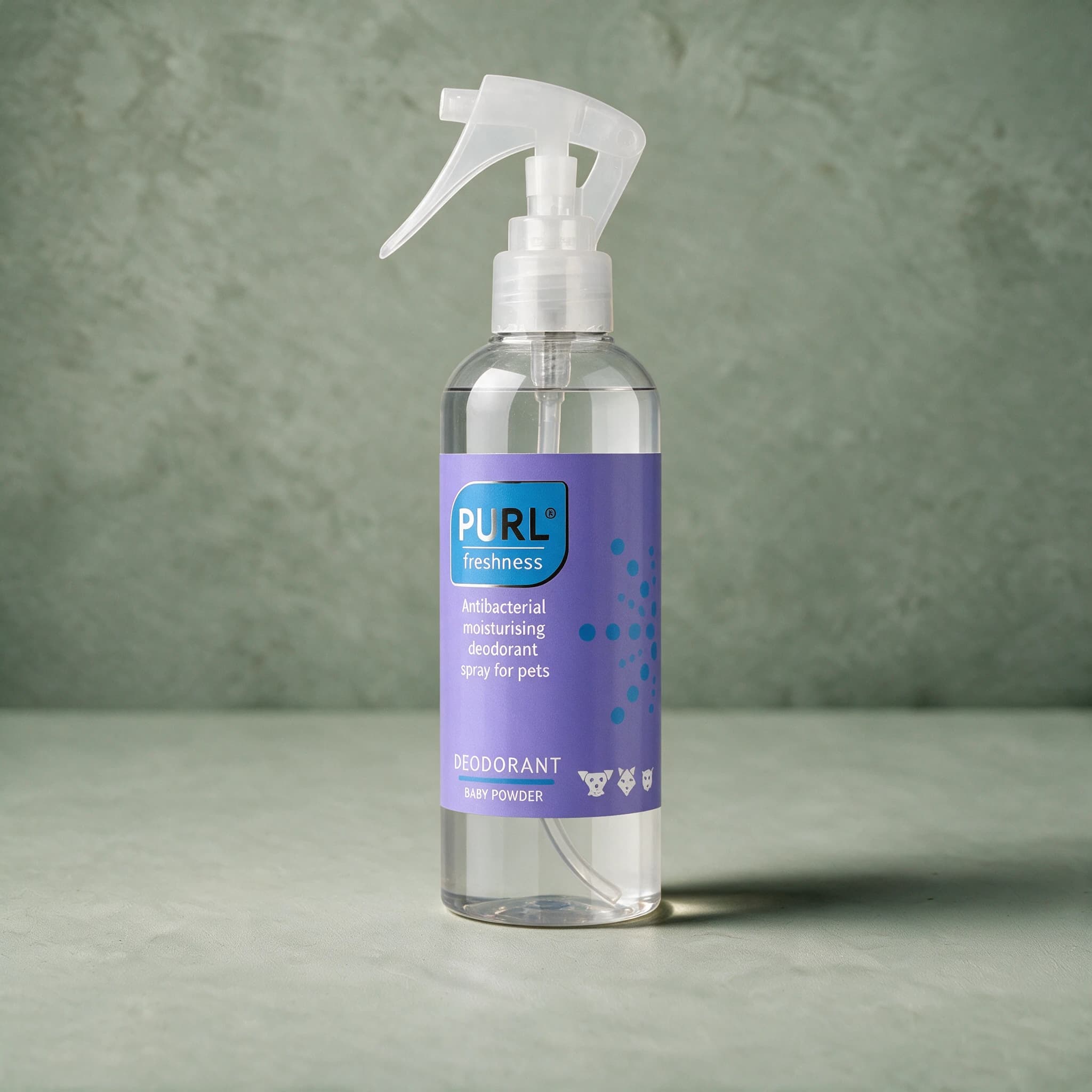 Spray bottle of PURL Freshness Antibacterial Moisturising Deodorant Spray in Baby Powder scent, with the PURL logo on the purple front label.