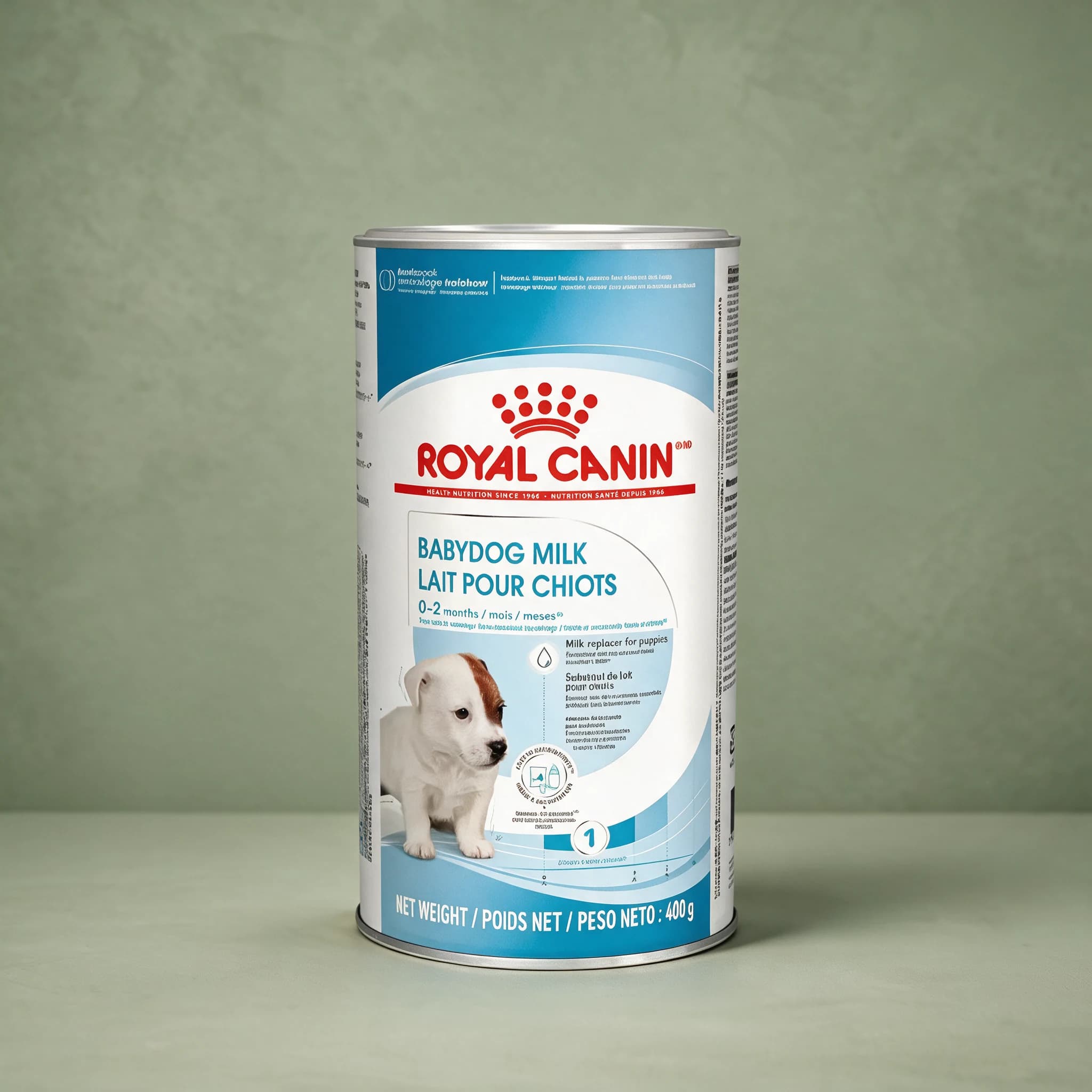 The blue and white Royal Canin Babydog Milk tin (Lait pour Chiots), labeled "0-2 months" with the red crown logo, a white-and-brown puppy on the front, and a "400 g" net weight callout, standing upright against a plain sage green studio background.