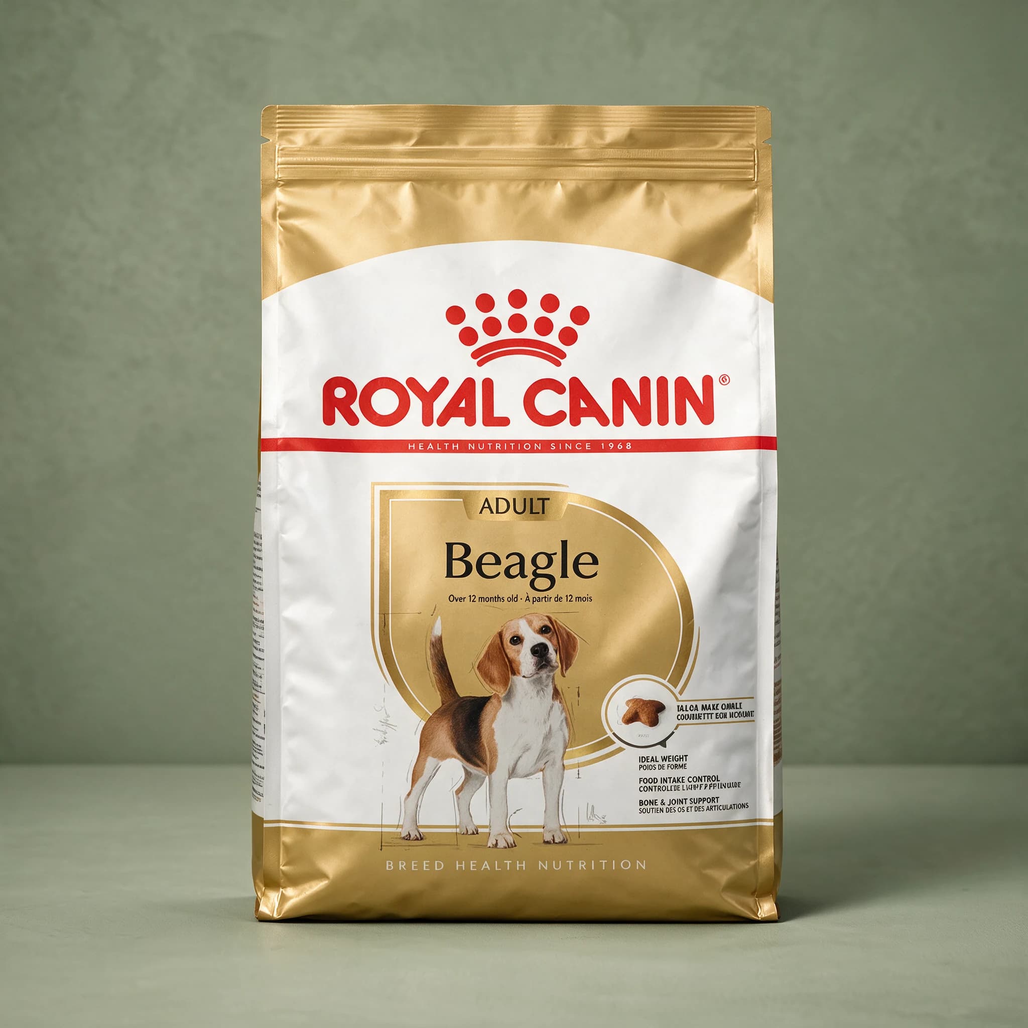The white Royal Canin Beagle Adult dry dog food bag with a Beagle illustration and breed-specific nutrition callouts on the front, shown against a sage green studio background.