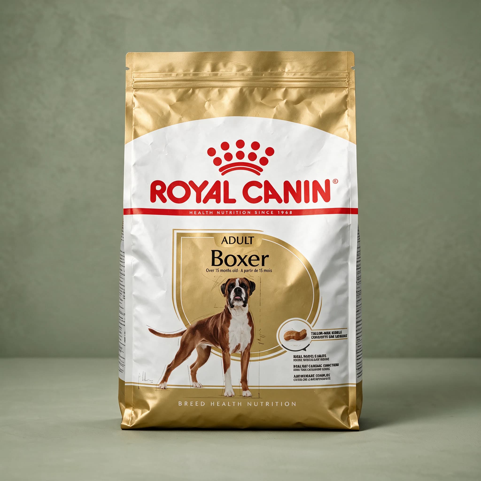 A gold and white Royal Canin Boxer Adult dry dog food bag with an illustrated Boxer dog on the front and "Breed Health Nutrition" branding, photographed against a sage green studio background.