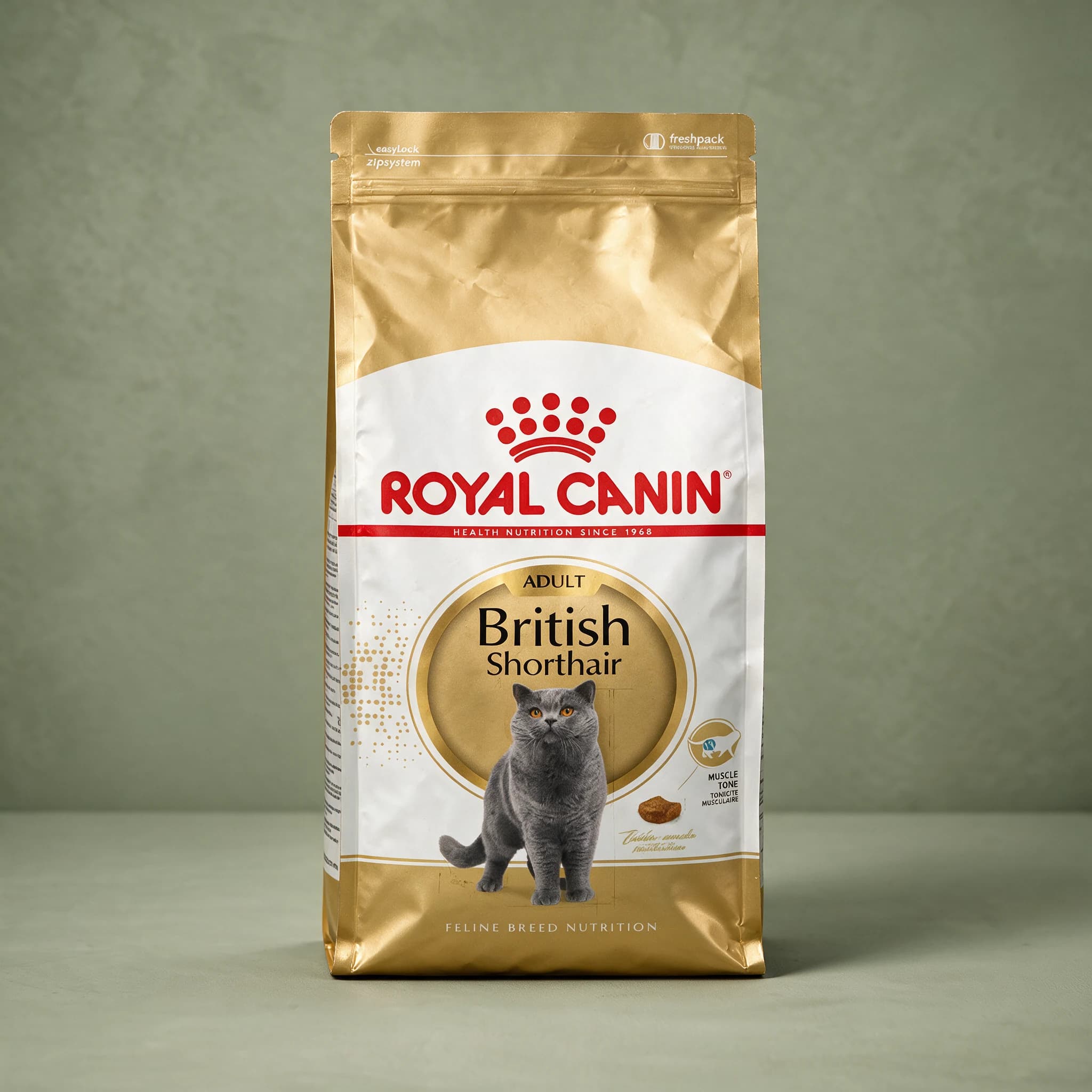 The white Royal Canin British Shorthair Adult dry cat food bag featuring an illustration of a grey British Shorthair cat, photographed against a sage green studio background.