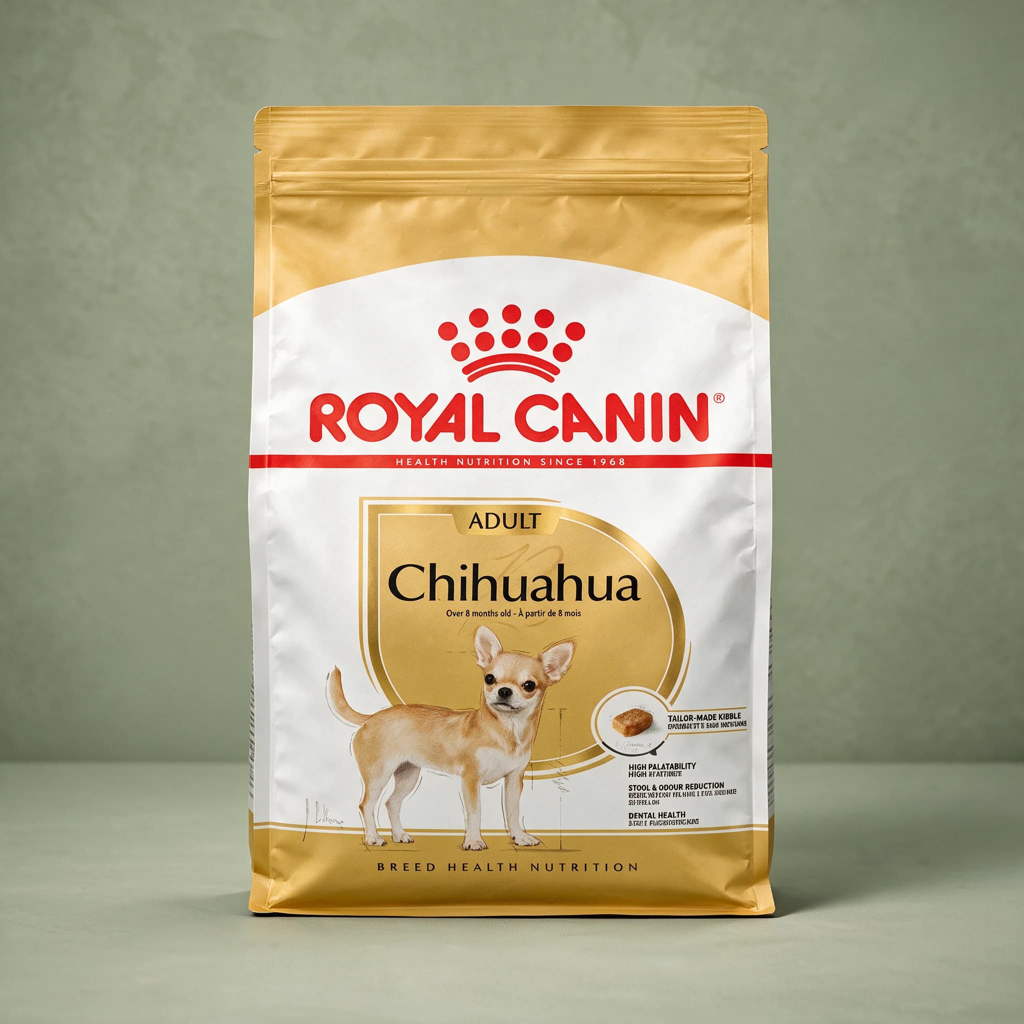 The gold Royal Canin Chihuahua Adult dry dog food bag, featuring an illustration of a small tan Chihuahua and breed-specific nutrition branding, photographed against a plain sage green studio background.
