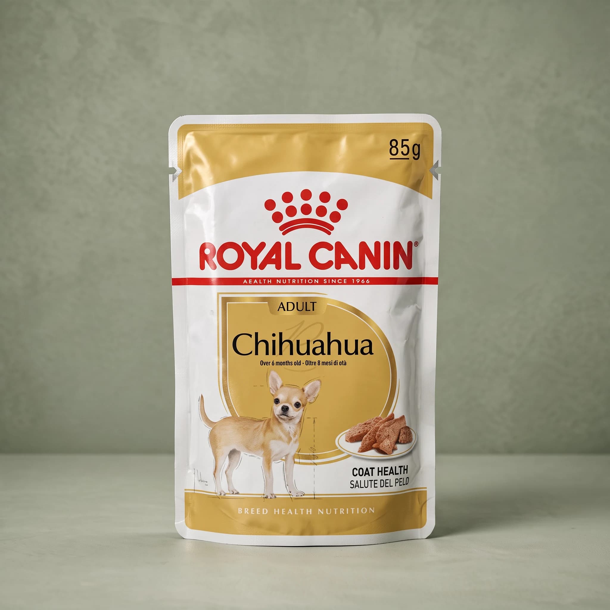 A gold and white 85g Royal Canin Chihuahua Adult wet dog food pouch with an illustrated tan and white Chihuahua and a plate of loaf-style pieces under a "Coat Health" callout, photographed against a plain sage green studio background.