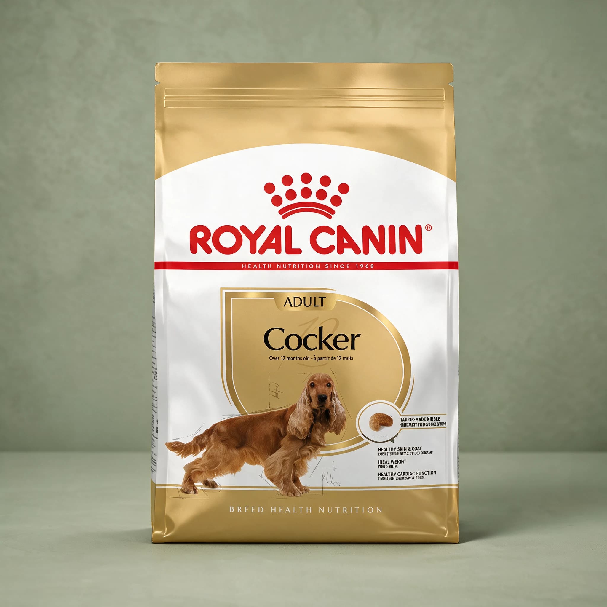 A gold and white Royal Canin Breed Health Nutrition bag labeled "Cocker Spaniel Adult" with an illustration of a Cocker Spaniel, photographed against a plain sage green studio background.