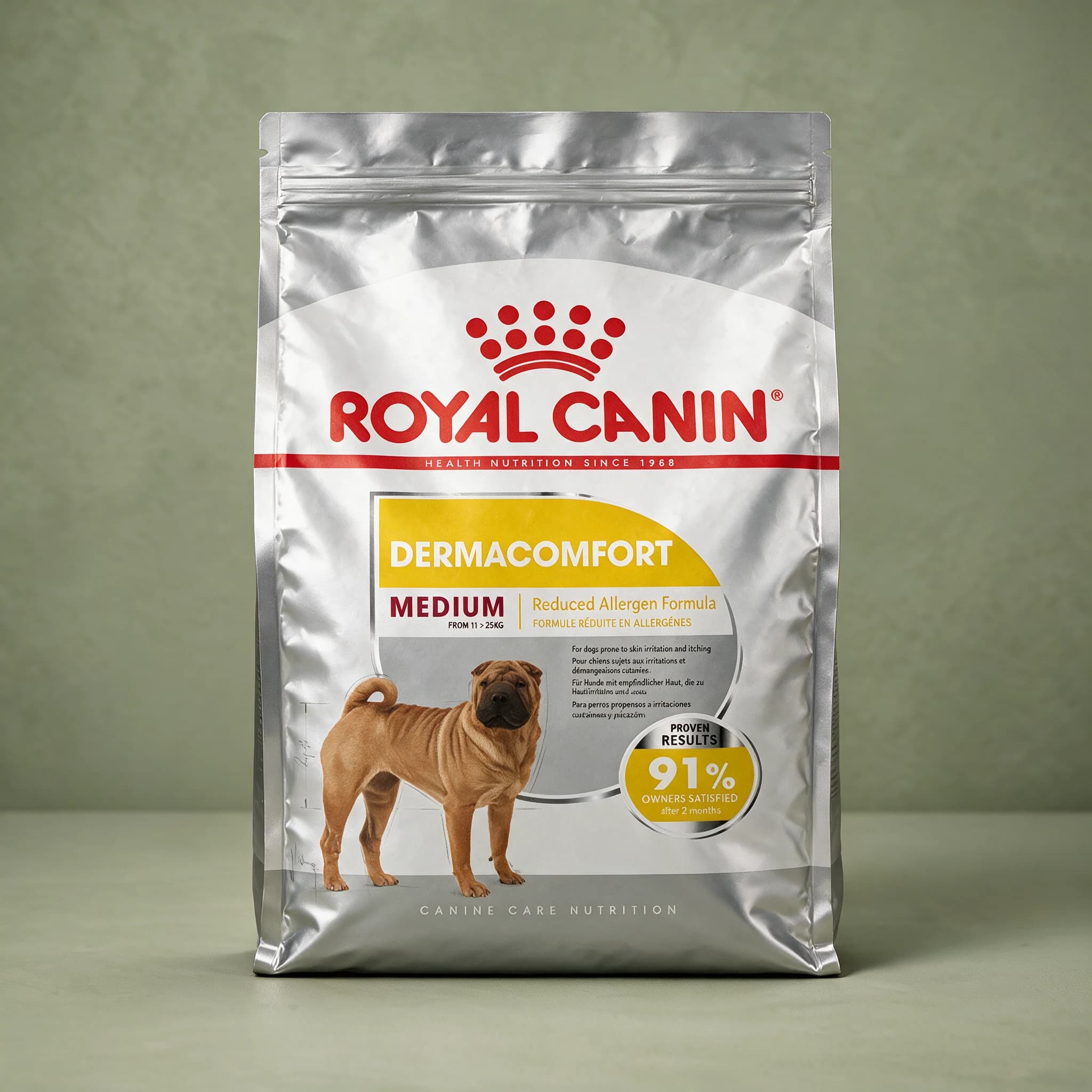 The Royal Canin Dermacomfort Medium Adult dry dog food bag with the red crown logo and a medium-breed adult dog illustration, photographed against a plain sage green studio background.