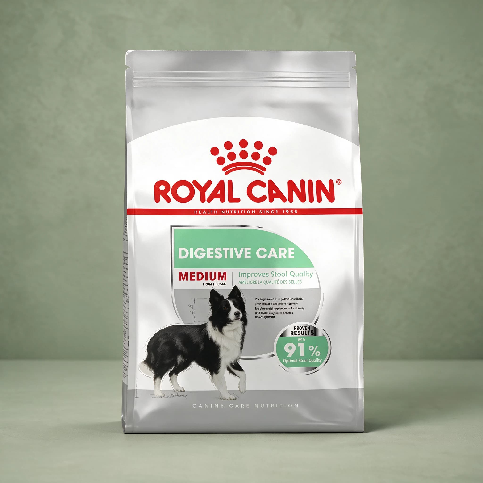 A Royal Canin Digestive Care Medium Adult dry dog food bag with a medium-breed dog illustration and digestive health callouts, photographed against a plain sage green studio background.
