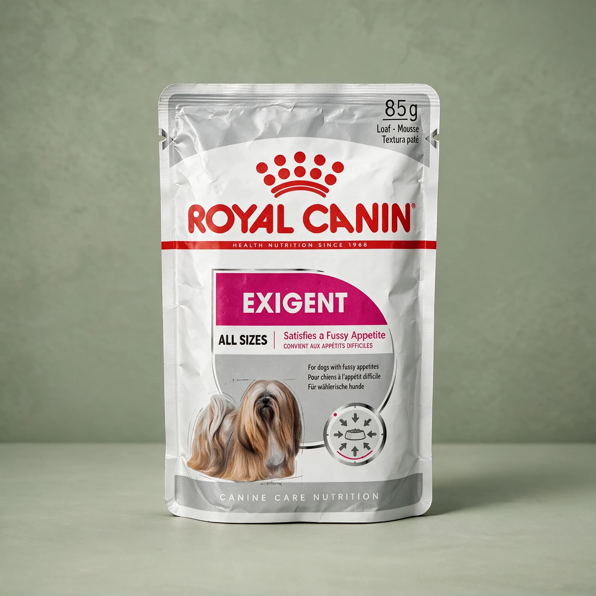 A Royal Canin Exigent wet dog food pouch with the red crown logo and an adult dog illustration, standing upright against a plain sage green studio background.